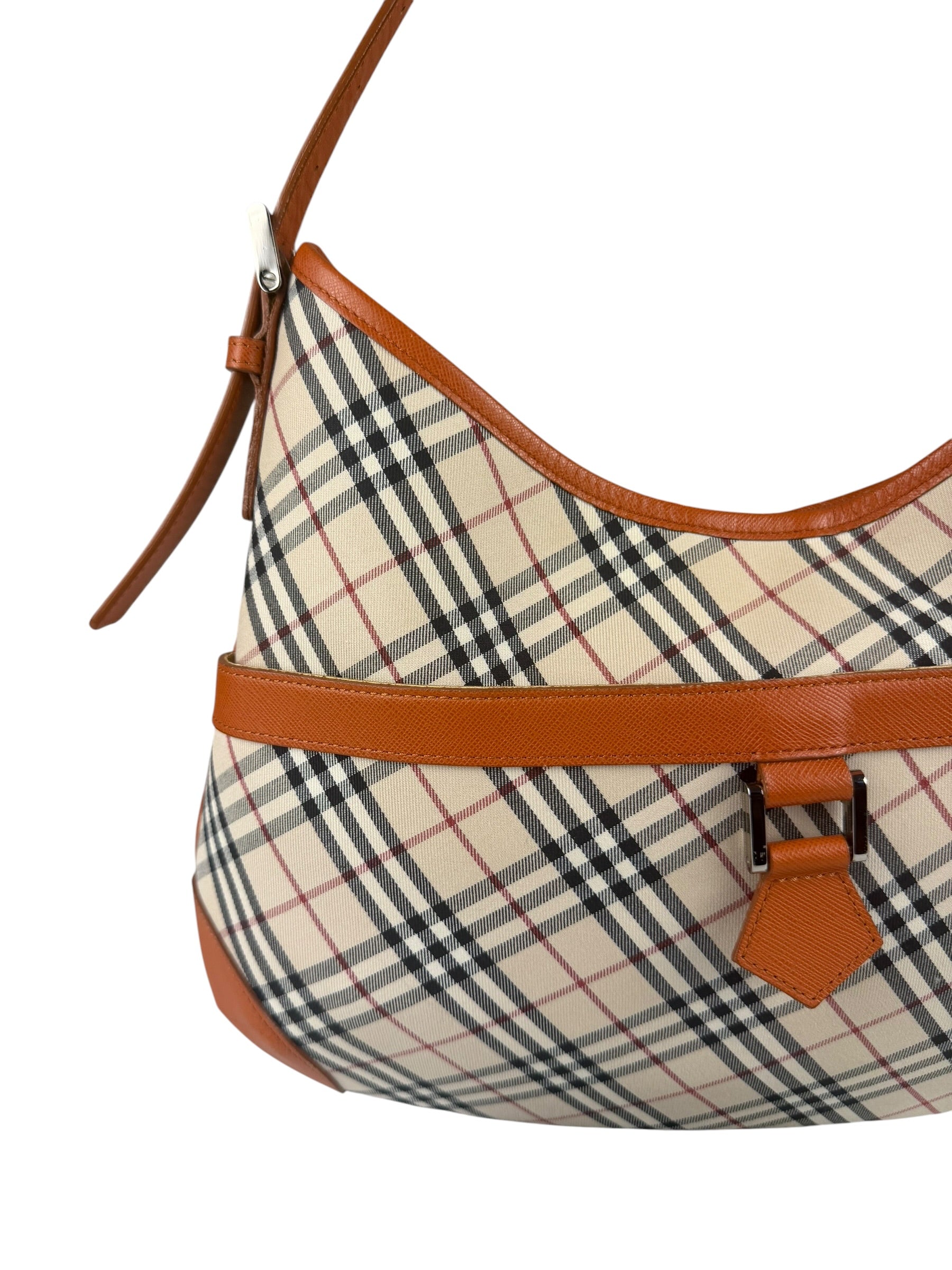 Burberry Orange Leather Trim Nova Check Hobo Bag