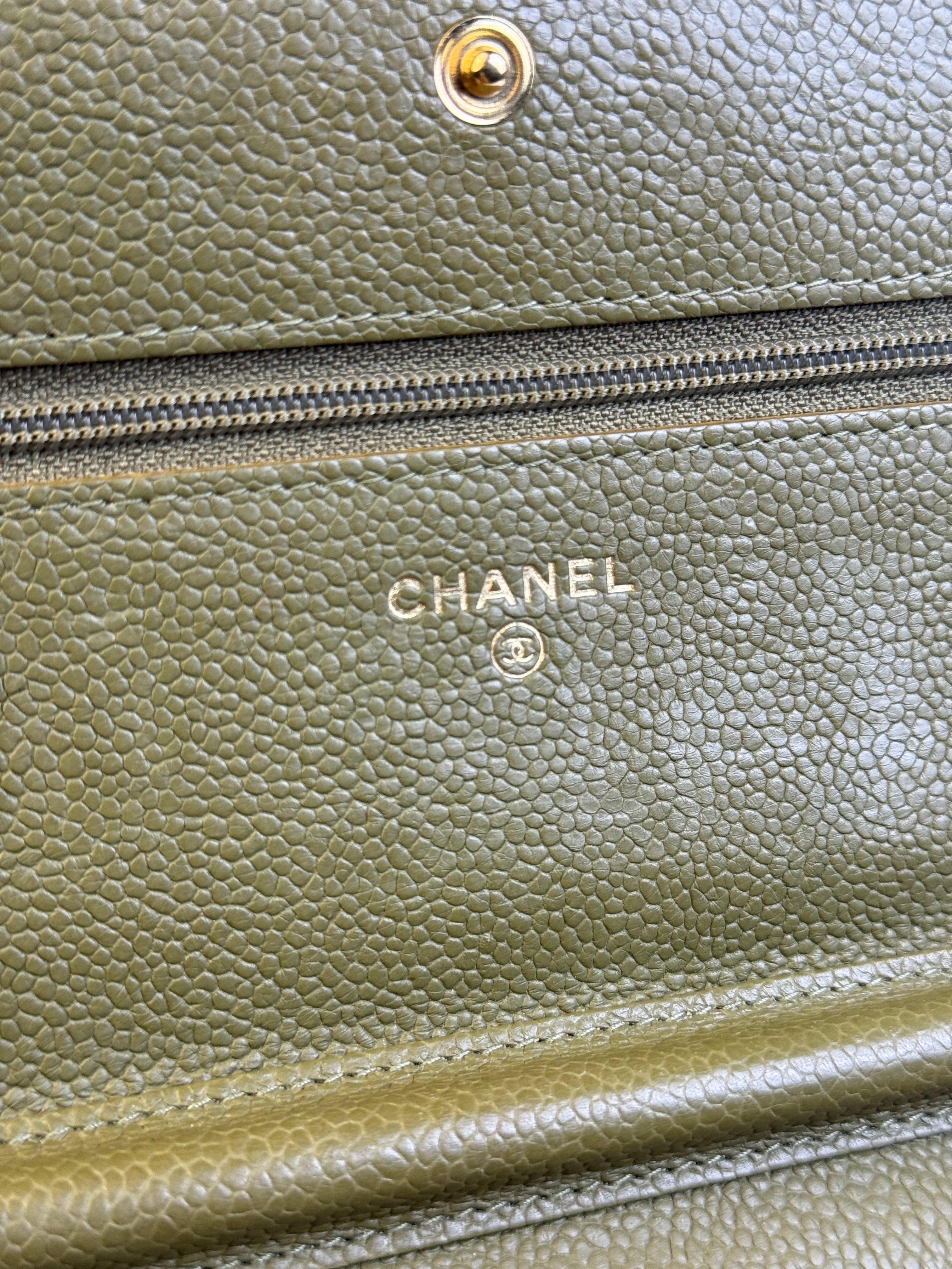 Chanel Olive Green Quilted Caviar Boy Flap Wallet On Chain 2017