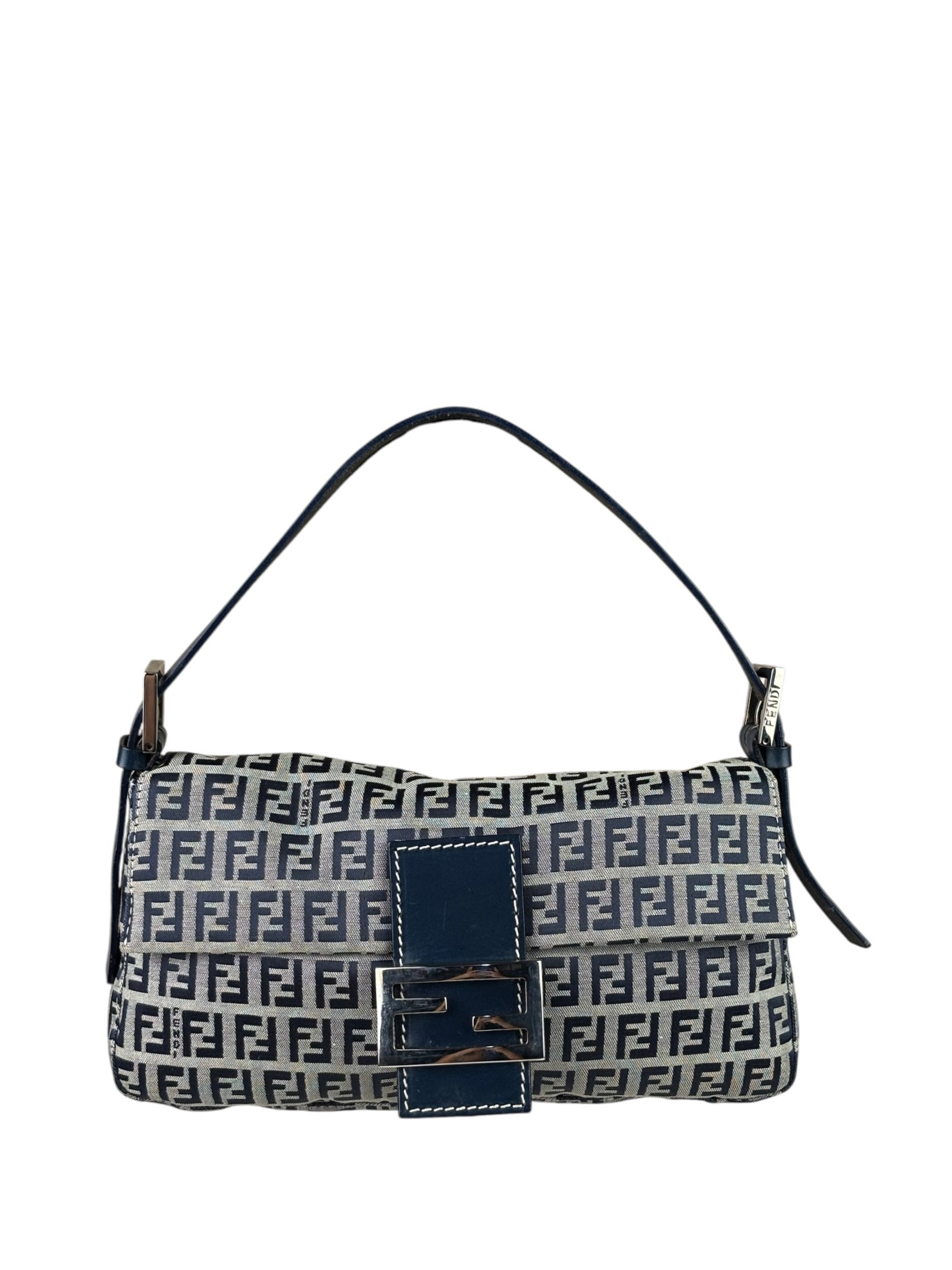 Fendi Navy Leather Trim Baguette