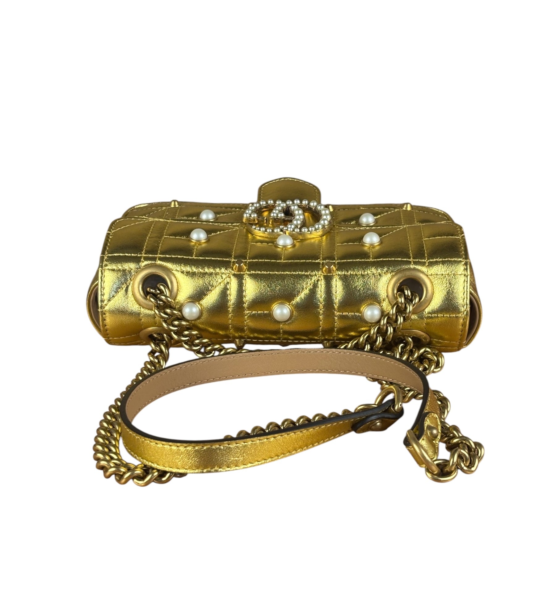 Gucci Gold GG Marmont Pearl Studded Mini Flap Bag