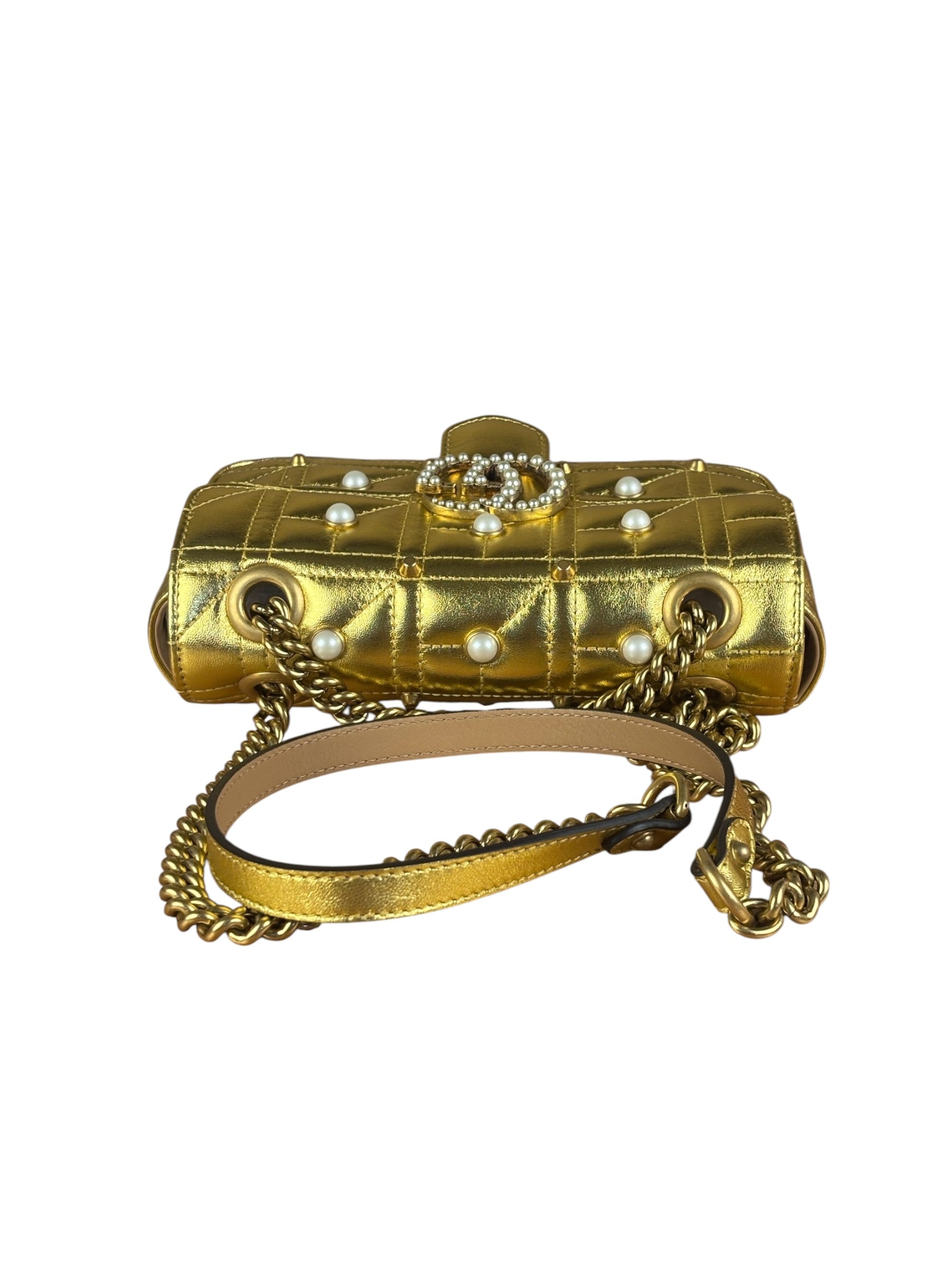 Gucci Gold GG Marmont Pearl Studded Mini Flap Bag