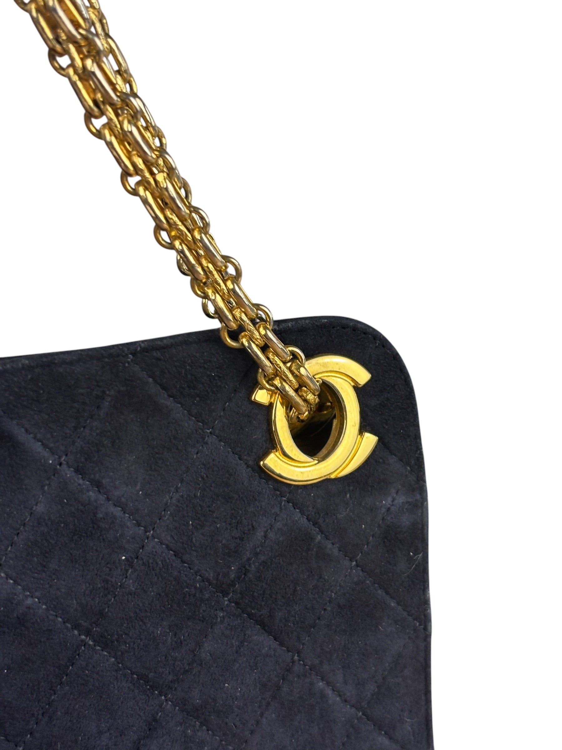 Chanel Vintage Navy Blue Matelasse Quilted Suede Chain Shoulder Bag