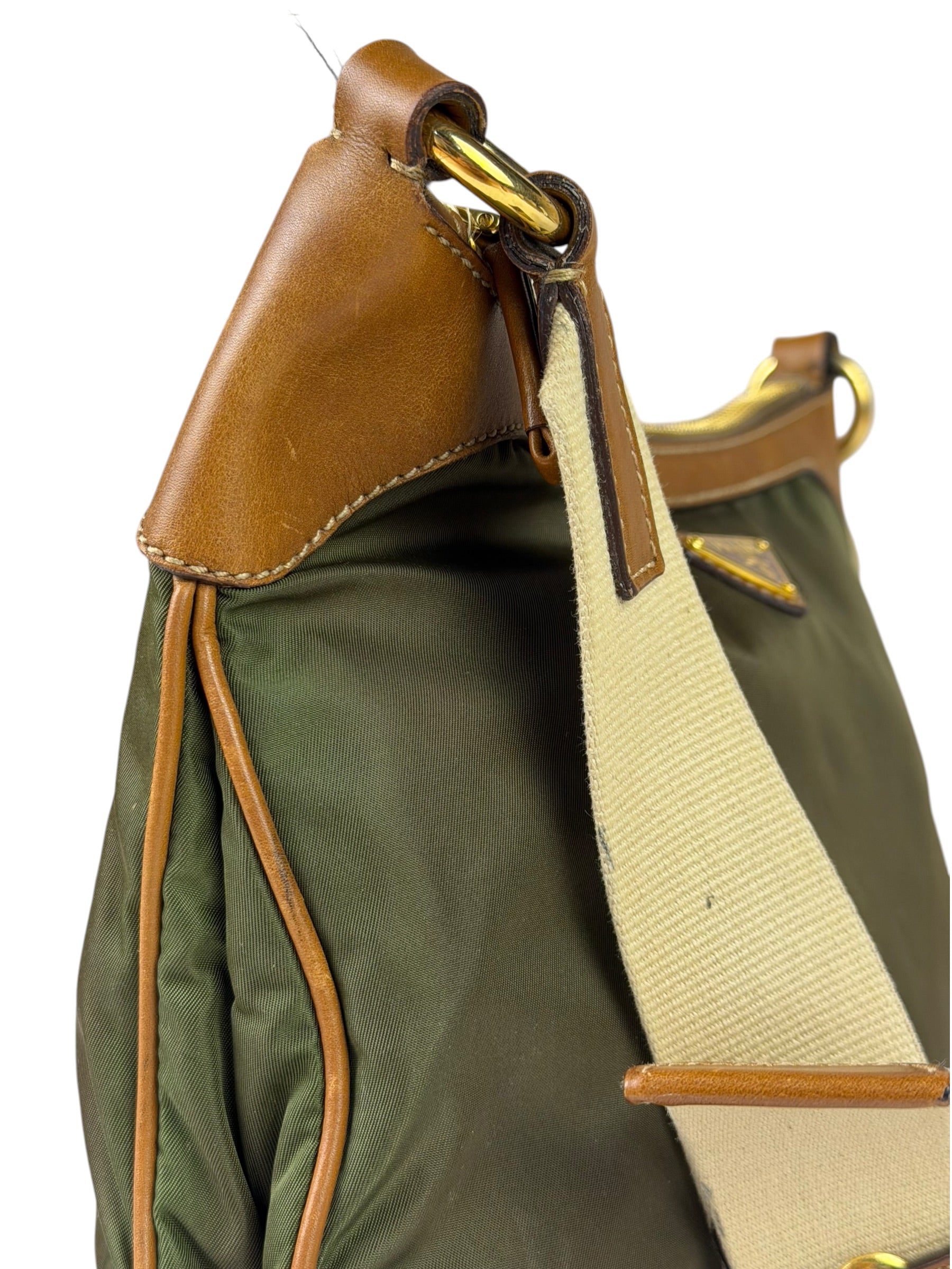 Prada Green/Brown Nylon/Leather Trim Crossbody Bag