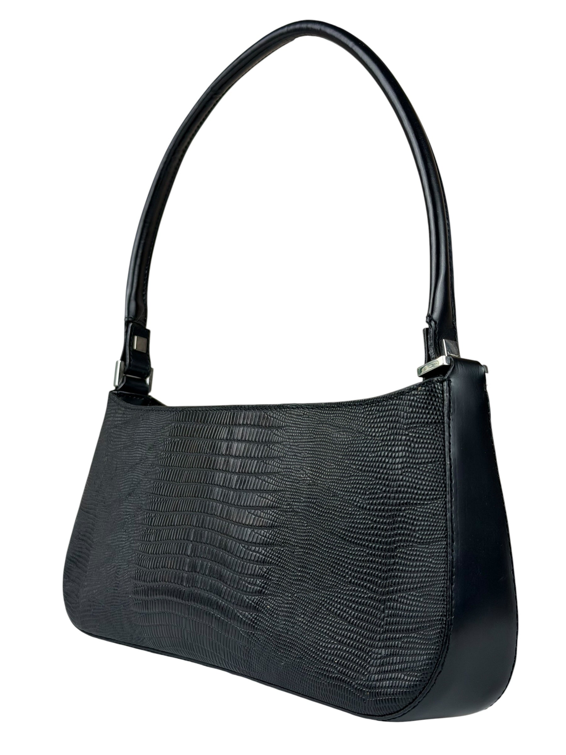 Salvatore Ferragamo Vintage Black Lizard Embossed Leather Pochette