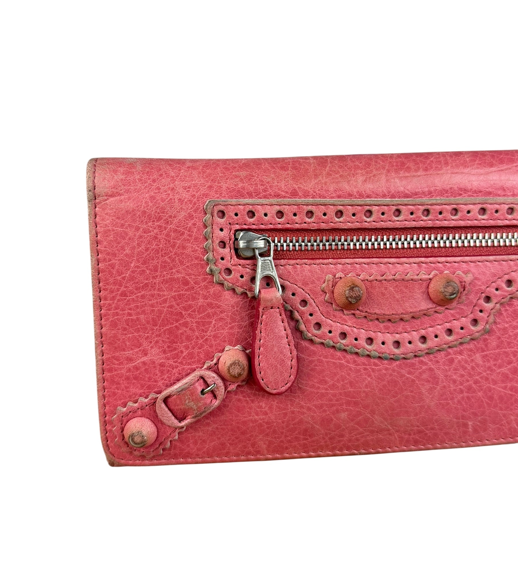 Balenciaga Pink Leather Moto Long Wallet