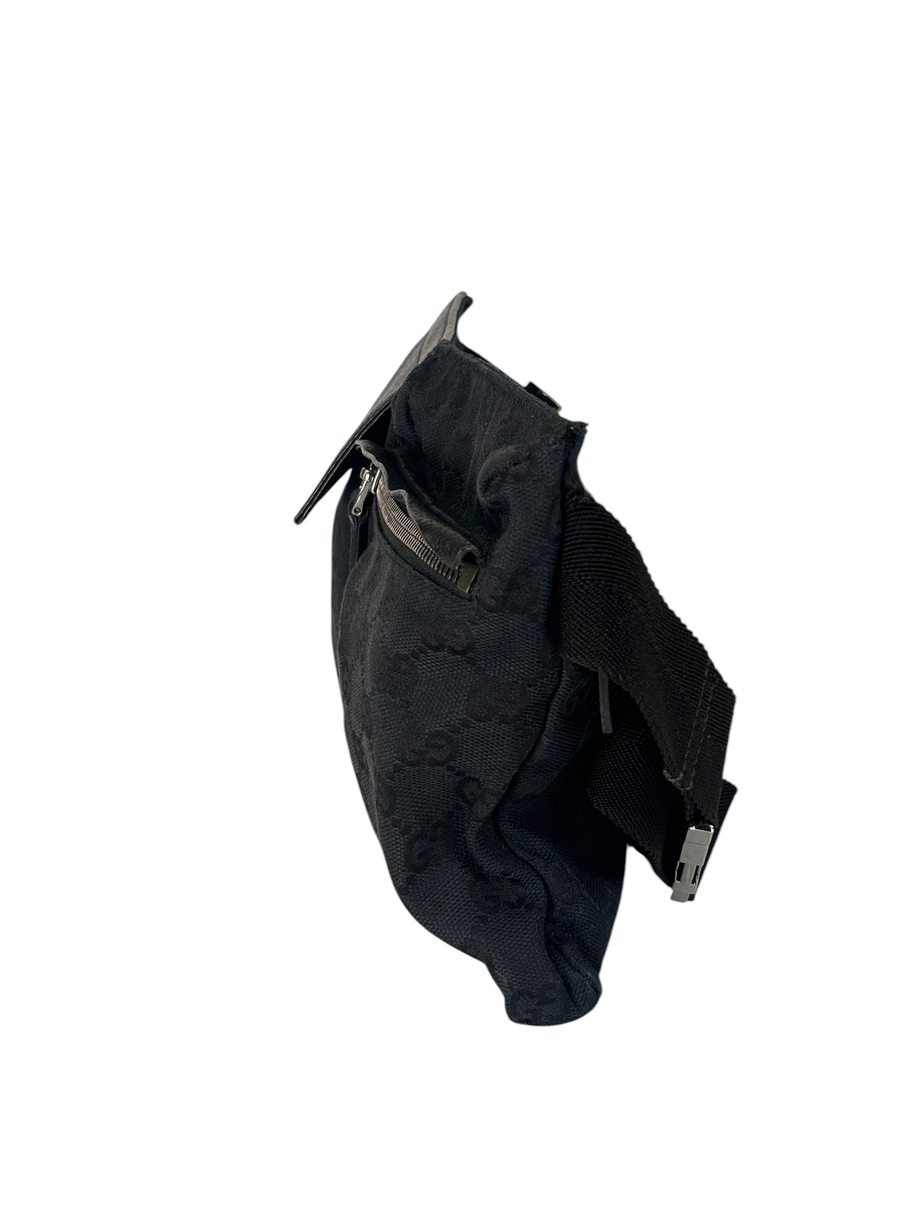 Gucci Black Leather Trim GG Double Pocket Bel Bag