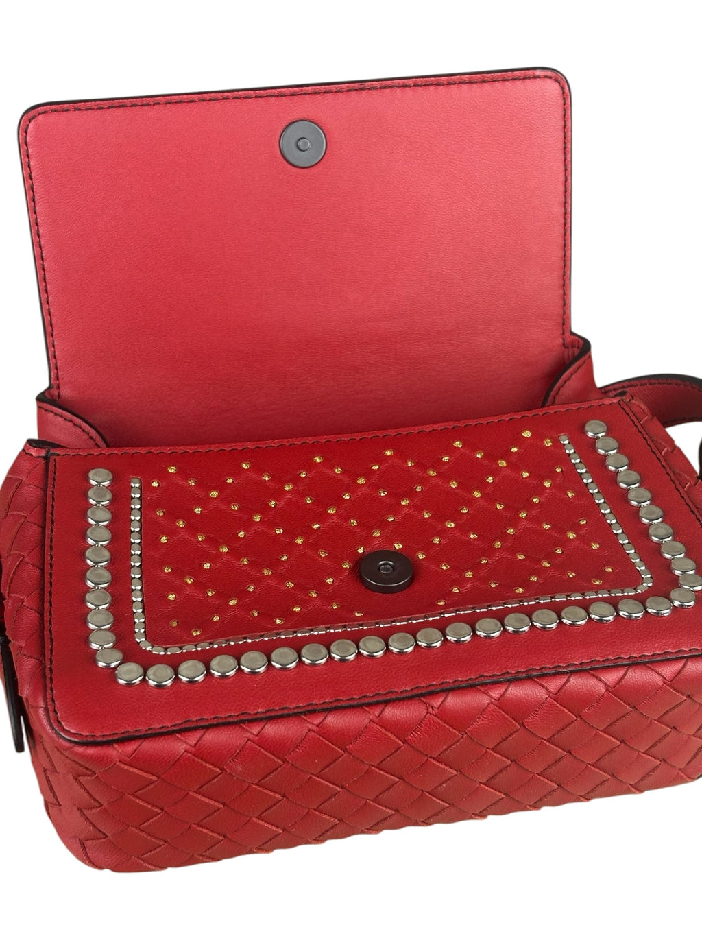 Bottega Veneta Red Leather Studded Intrecciato Flap Crossbody Bag