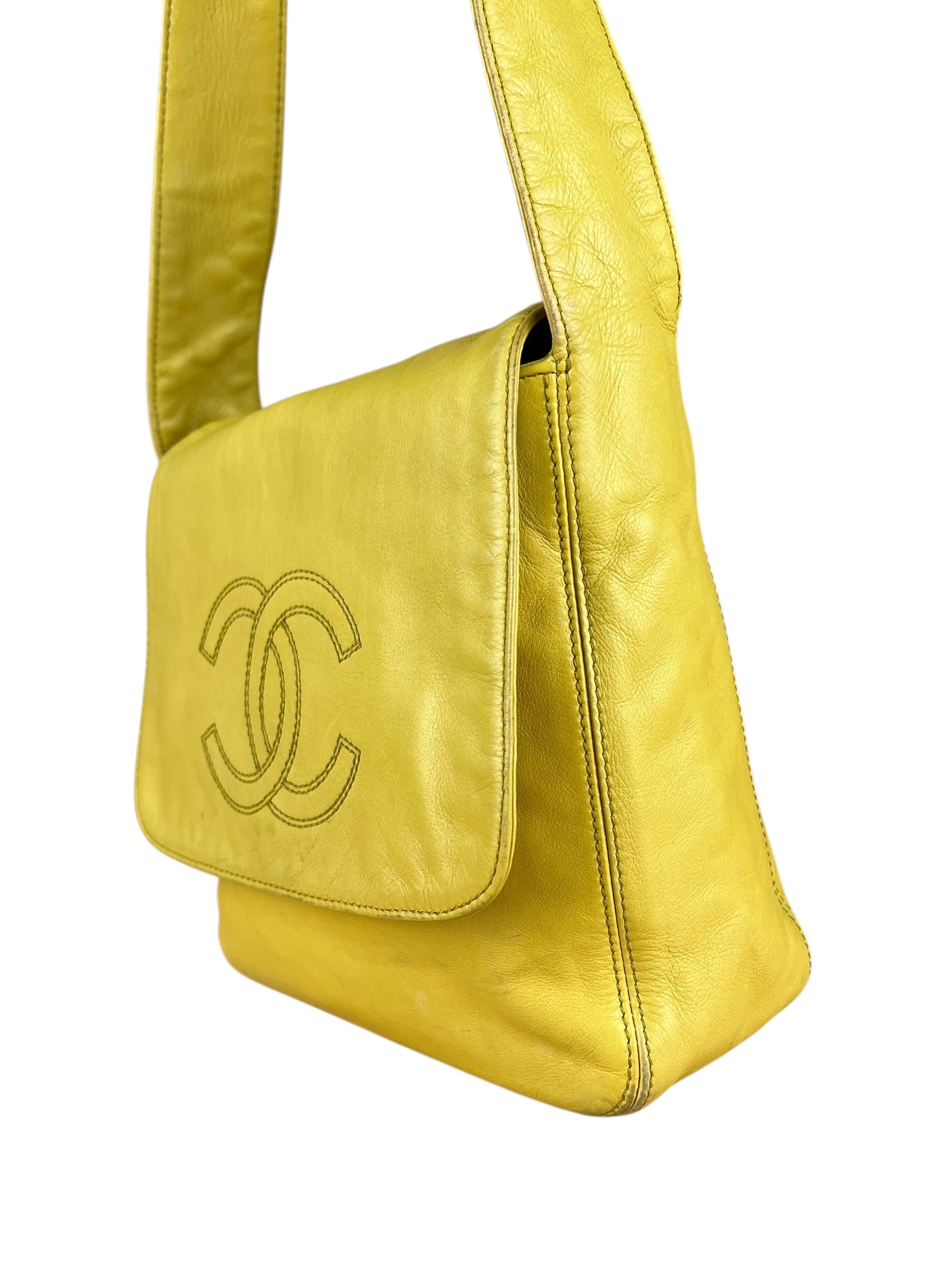 Chanel CC 1997 Chartreuse Leather Flap Shoulder Bag