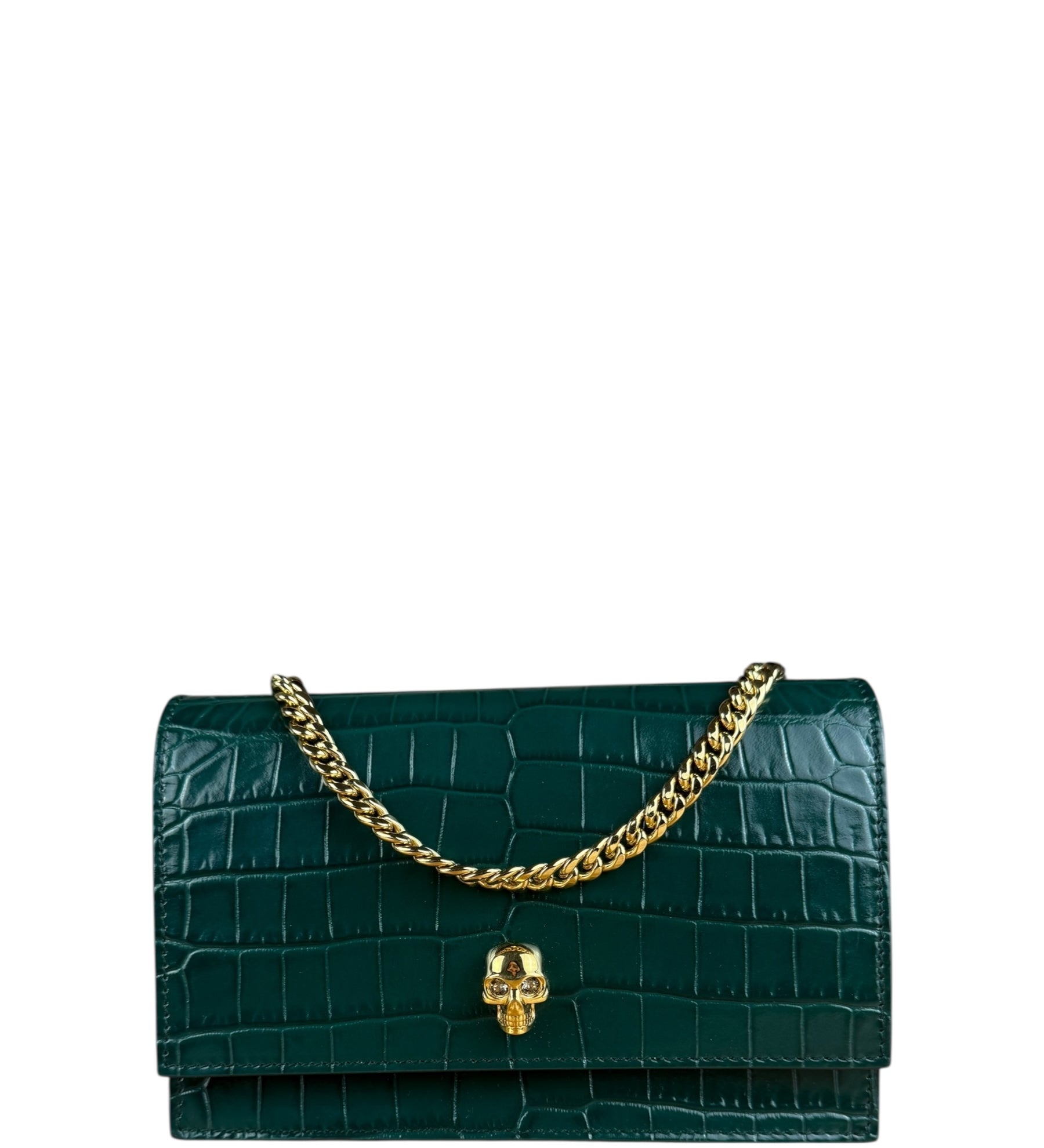 Alexander McQueen Green Croc Embossed Skull Bag
