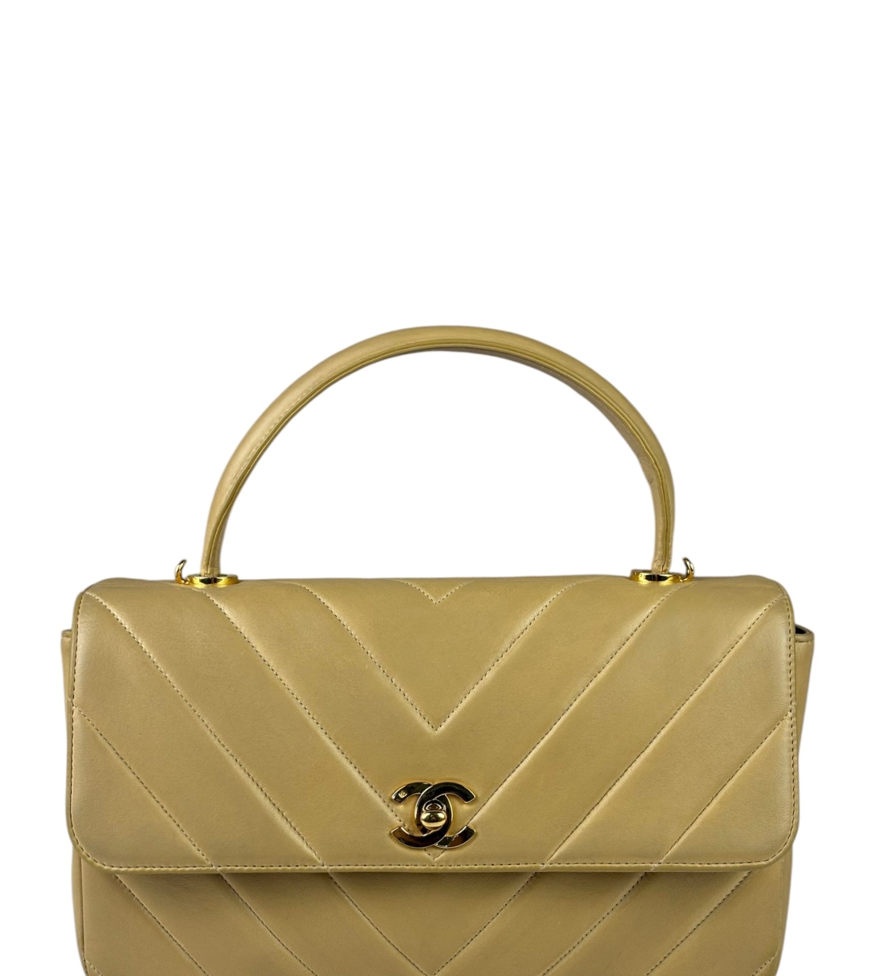 Chanel Vintage Beige Lambskin Chevron Coco Handle Flap Two-Way Bag 1991