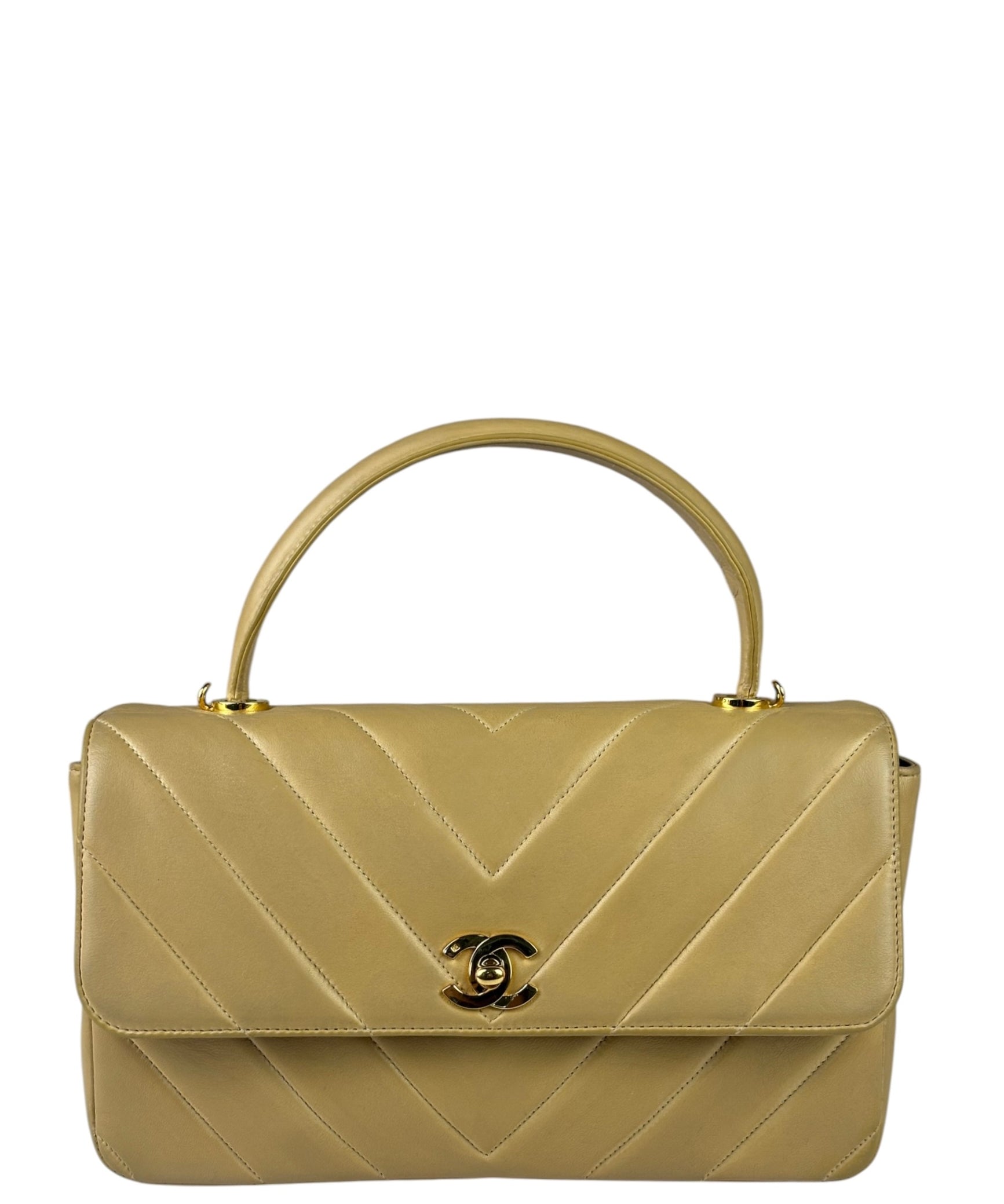 Chanel Vintage Beige Lambskin Chevron Coco Handle Flap Two-Way Bag 1991