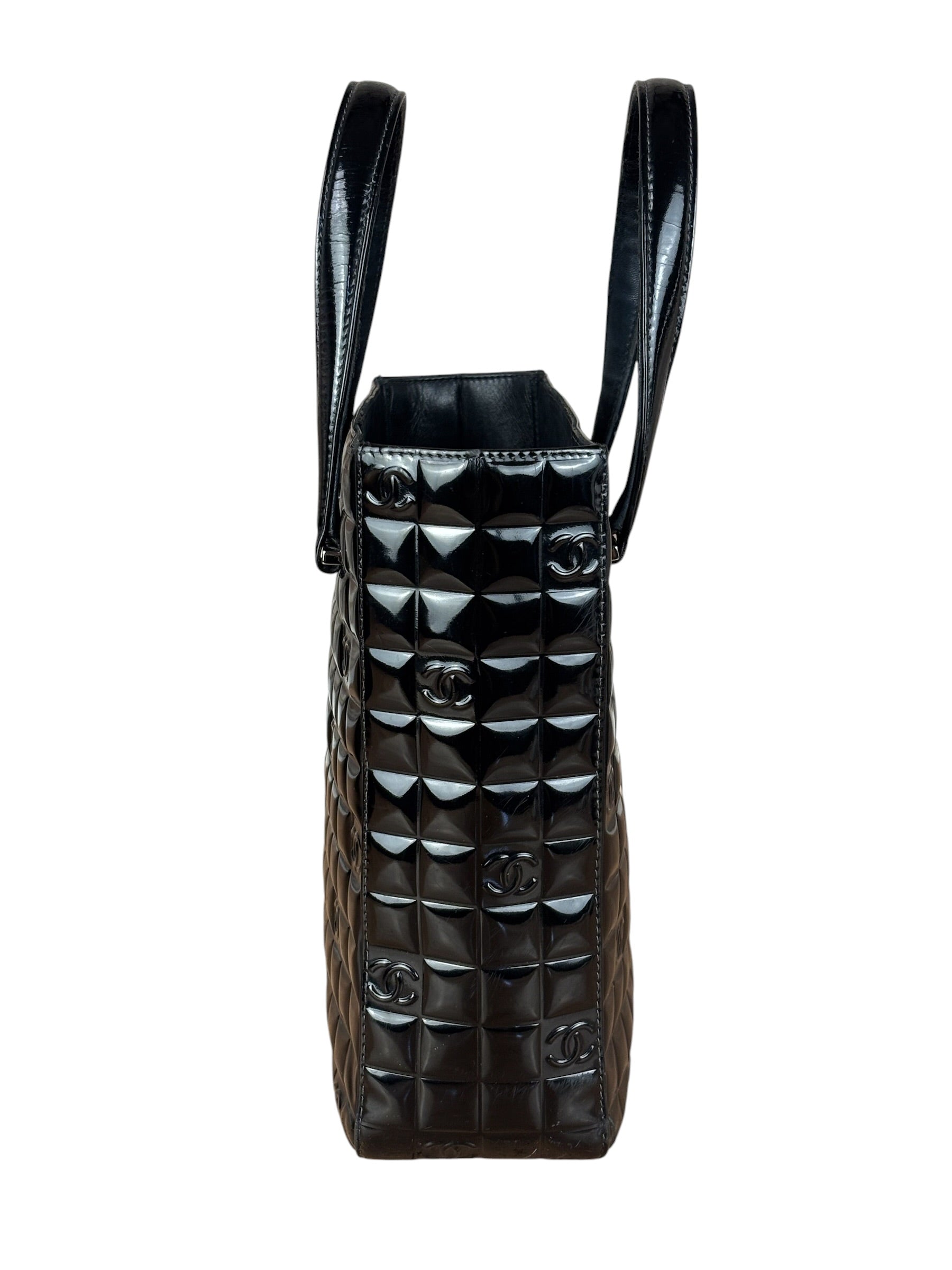 Chanel Vintage Black Patent Leather Chocolate Bar Pyramidal Tote Bag 2002