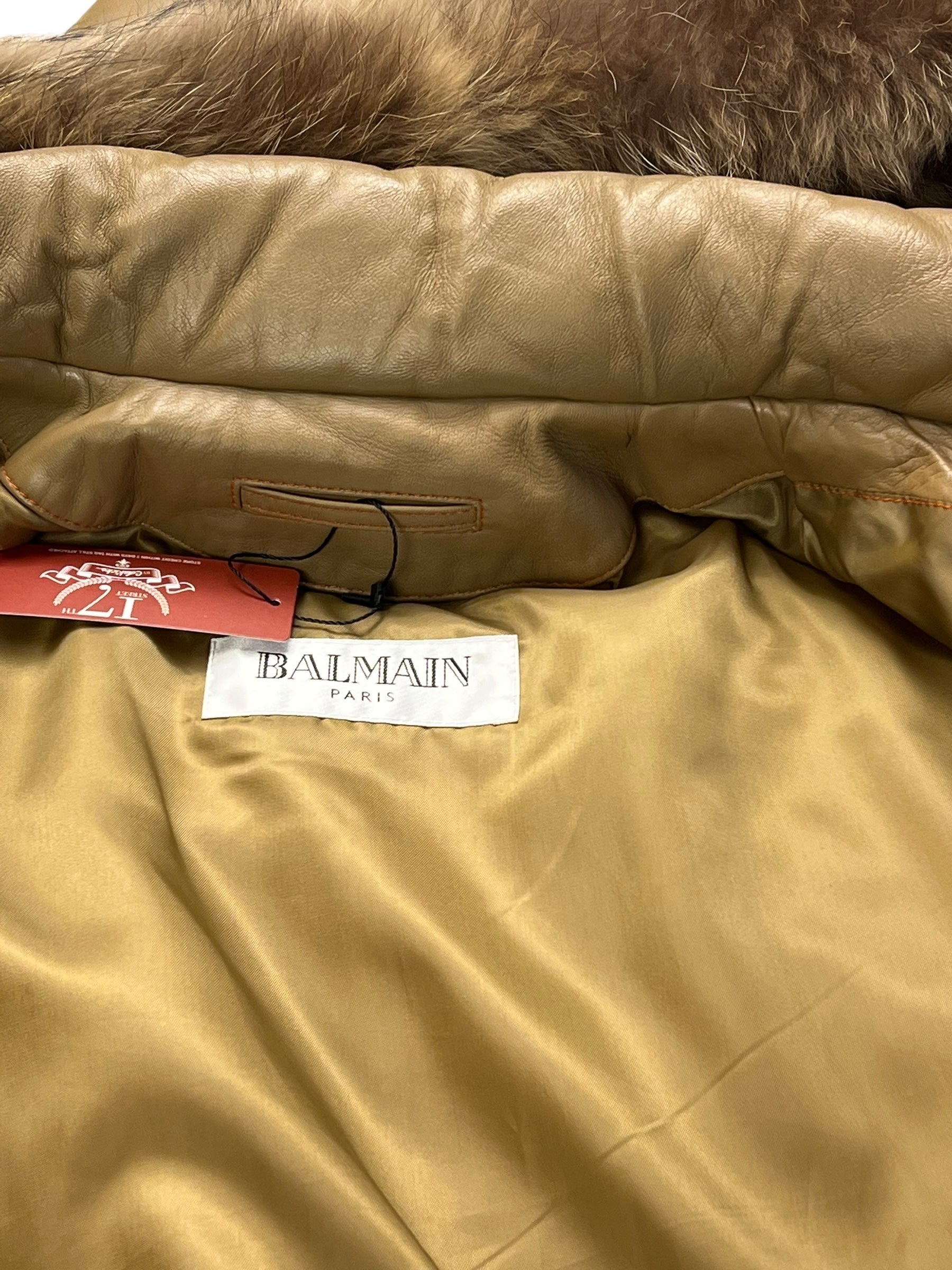 Balmain Beige Leather Puffer Fur Hooded Coat