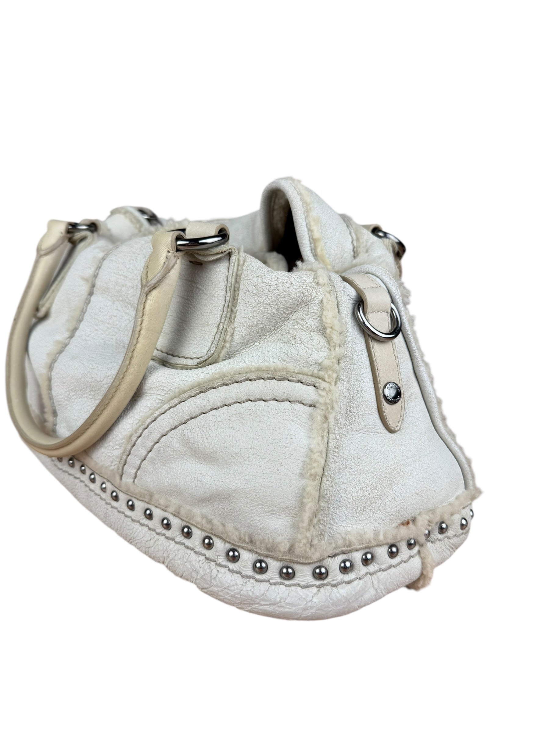 Prada Vintage White Studded Leather Shearling Bowler 2Way Bag