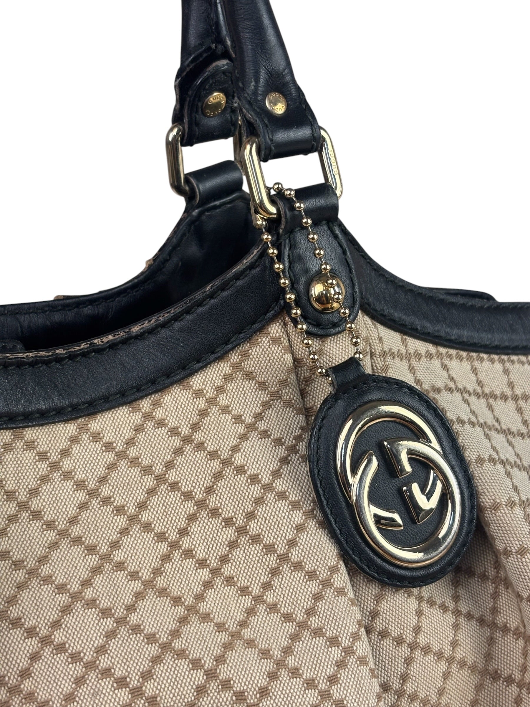 Gucci Beige Leather Trim Diamante Canvas Sukey Tote