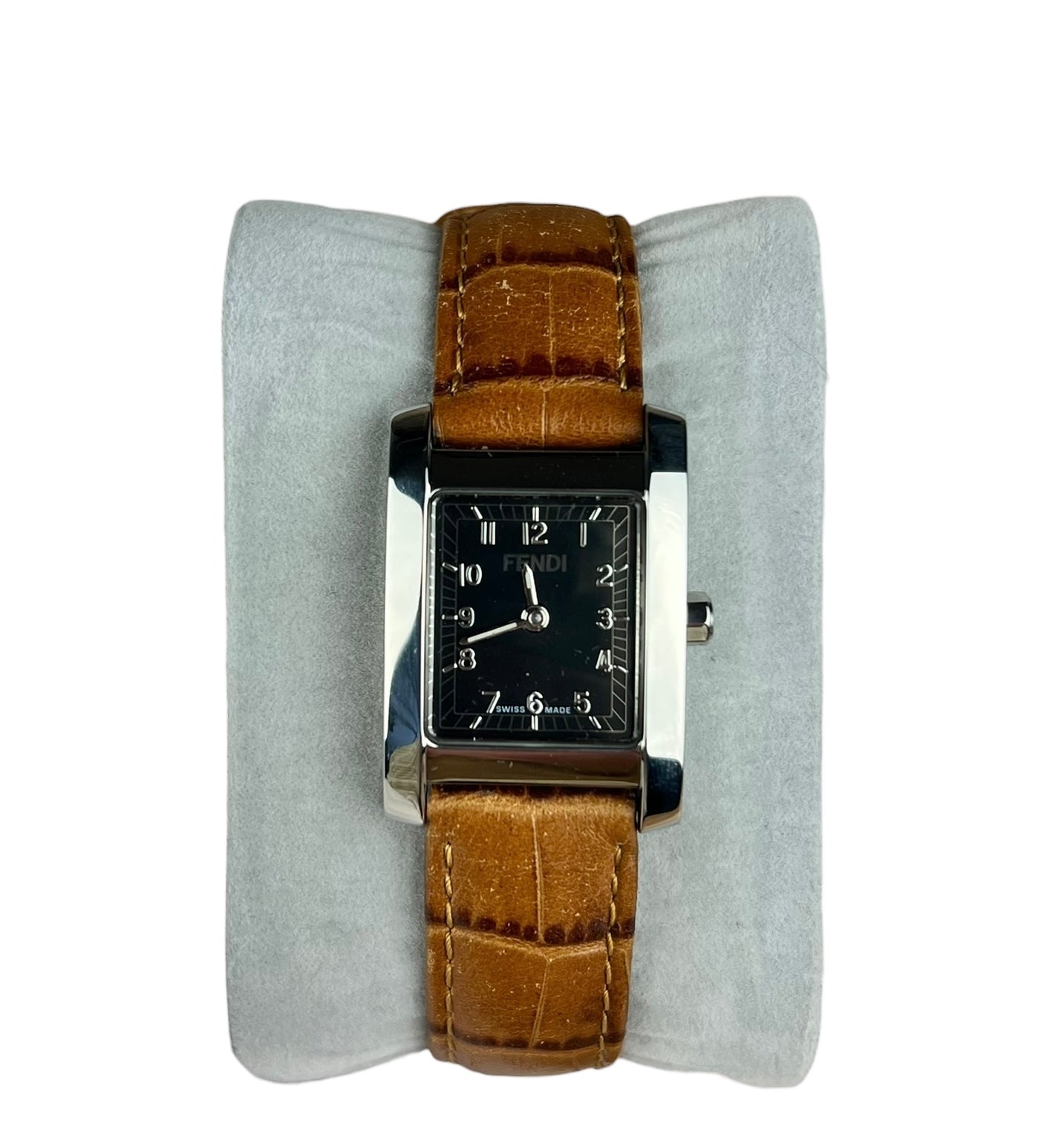 Fendi Black Dial Tank Brown Leather Strao