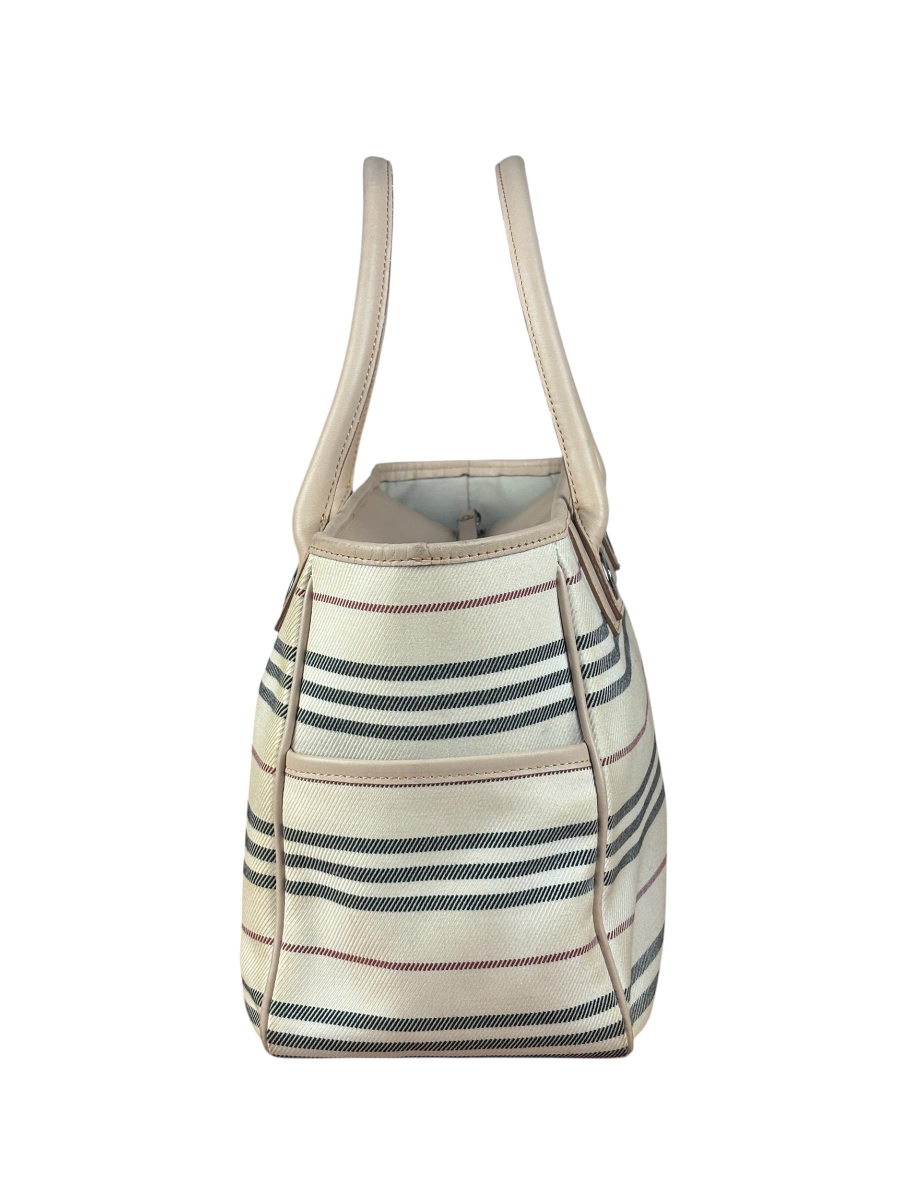 Burberry Multi-Color Leather Trim Striped Canvas Tote Bag