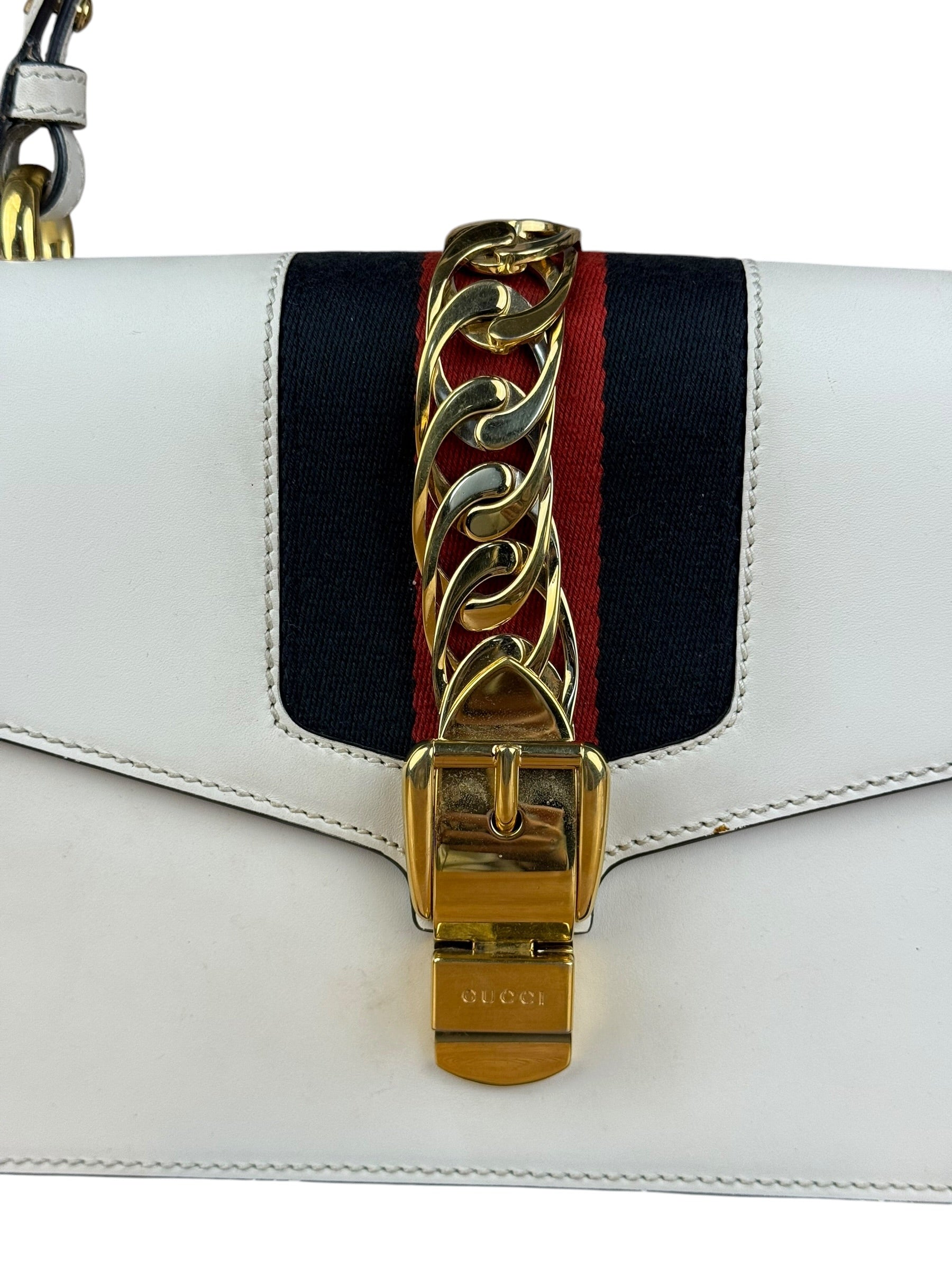 Gucci White Leather Sylvie Chain Shoulder Bag