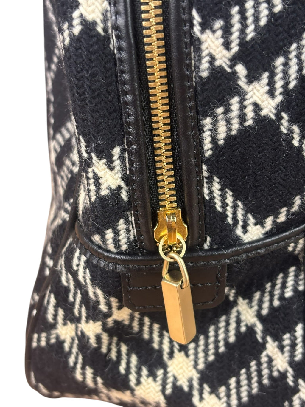 Burberry Black/White Leather Trim/Tweed Boston Bag