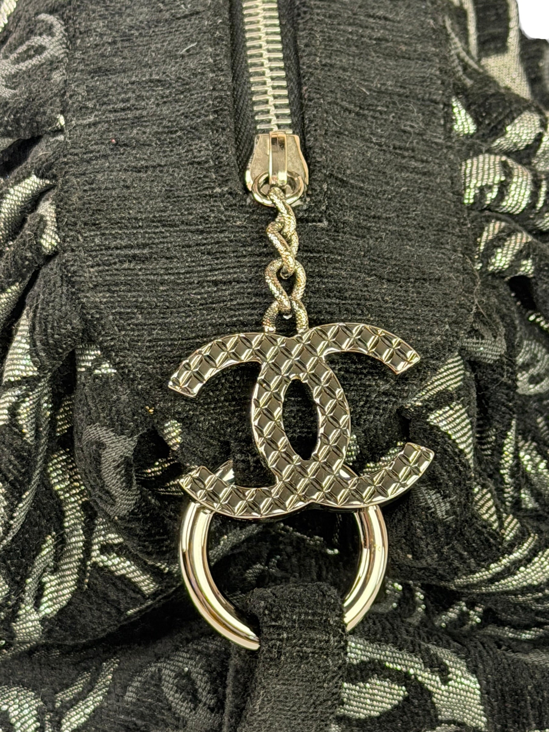 Chanel Black CC Jacquard Chain Silver Metallic Bowler Handbag 2005