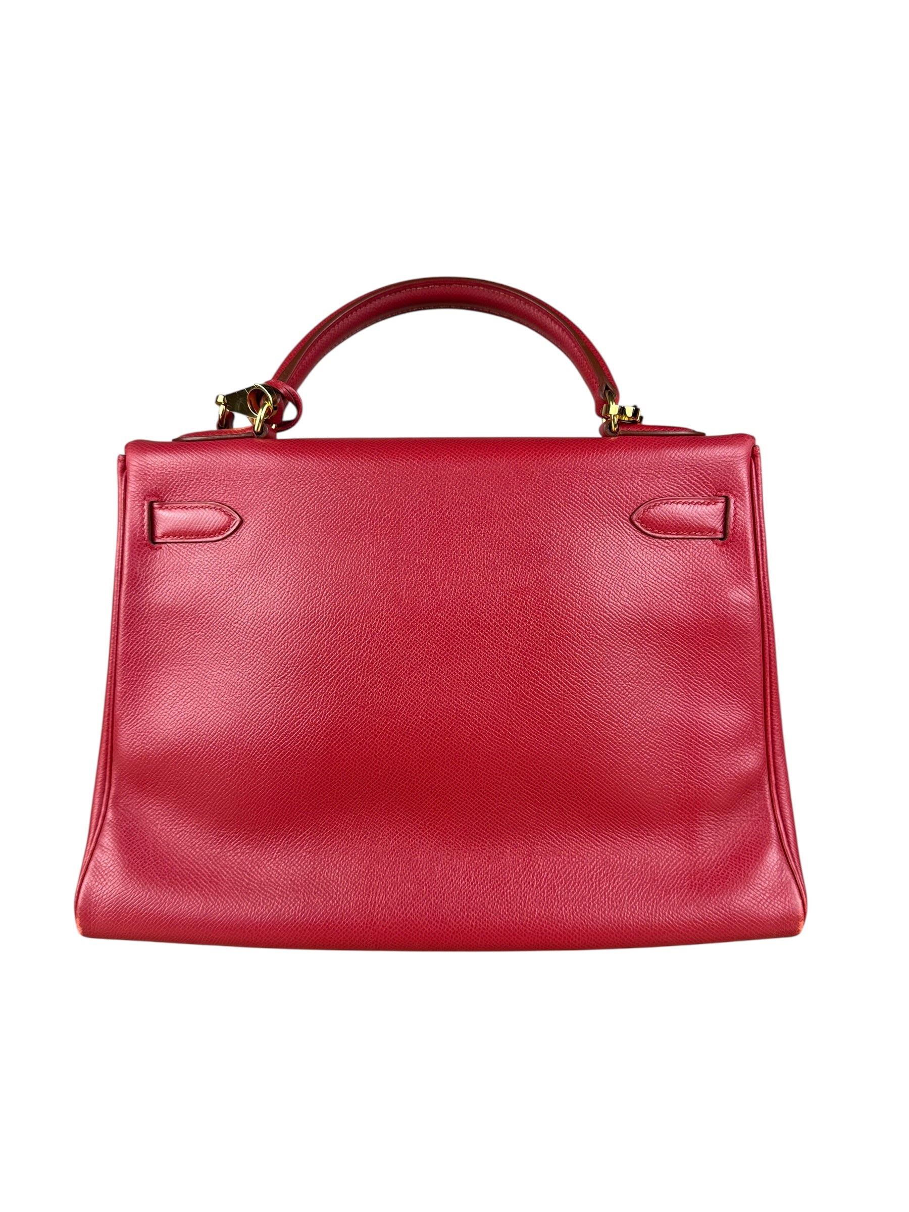Hermes Kelly 32 Courchevel Rouge Vif Gold Handbag 1997