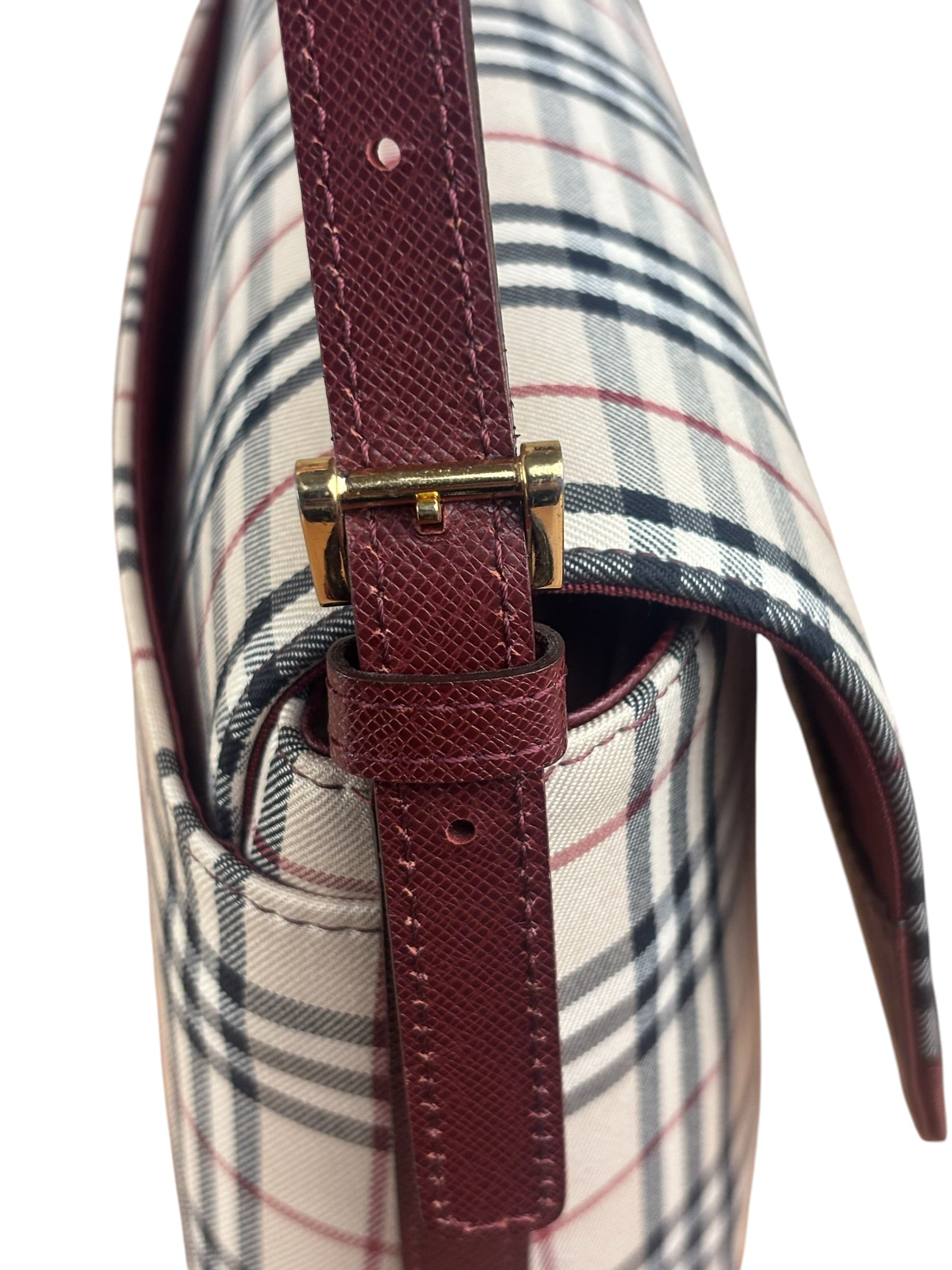 Burberry Burgundy Leather Trim House Check Shoulder Bag