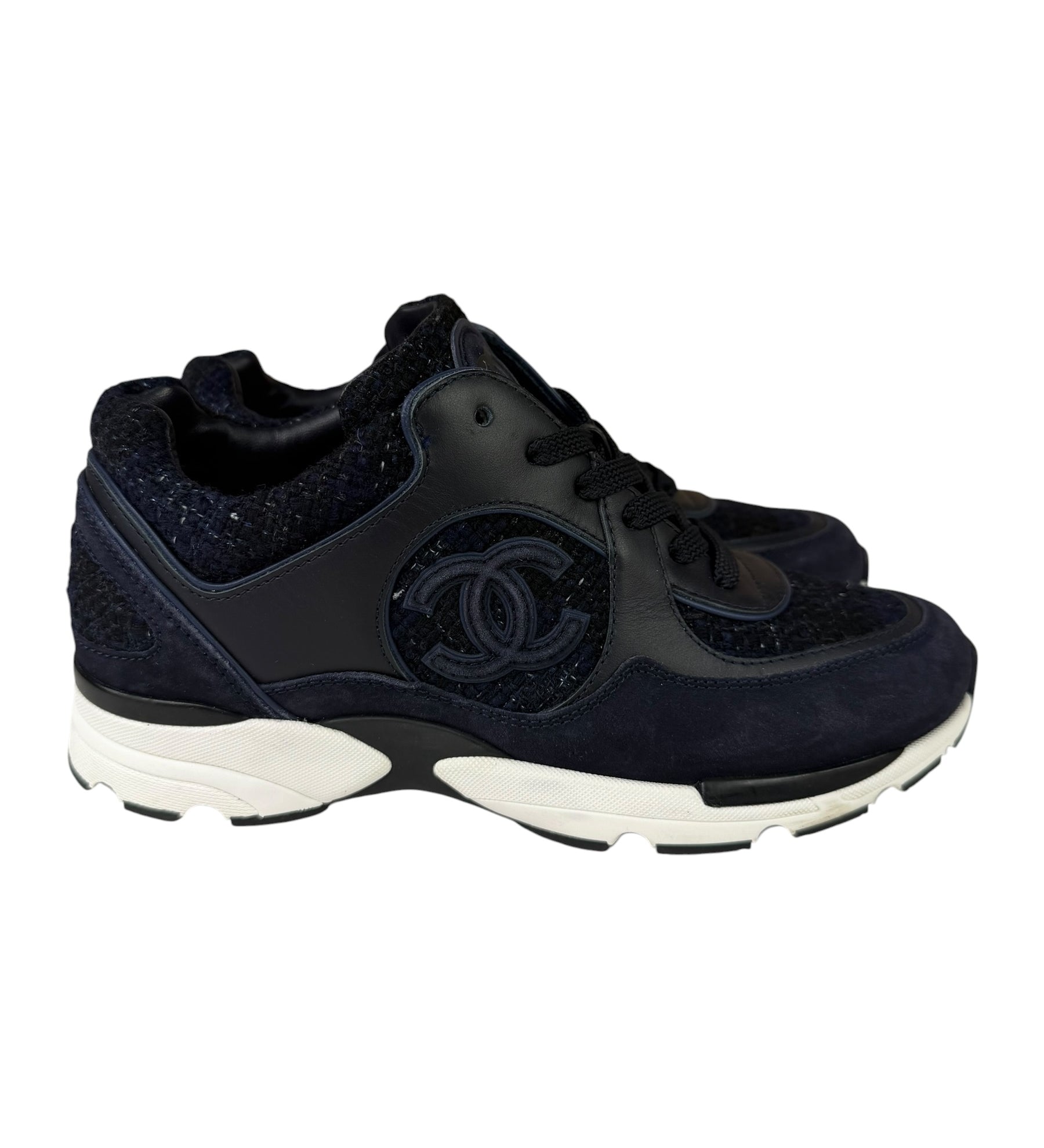 Chanel 24A Navy Tweed & Suede Sneaker