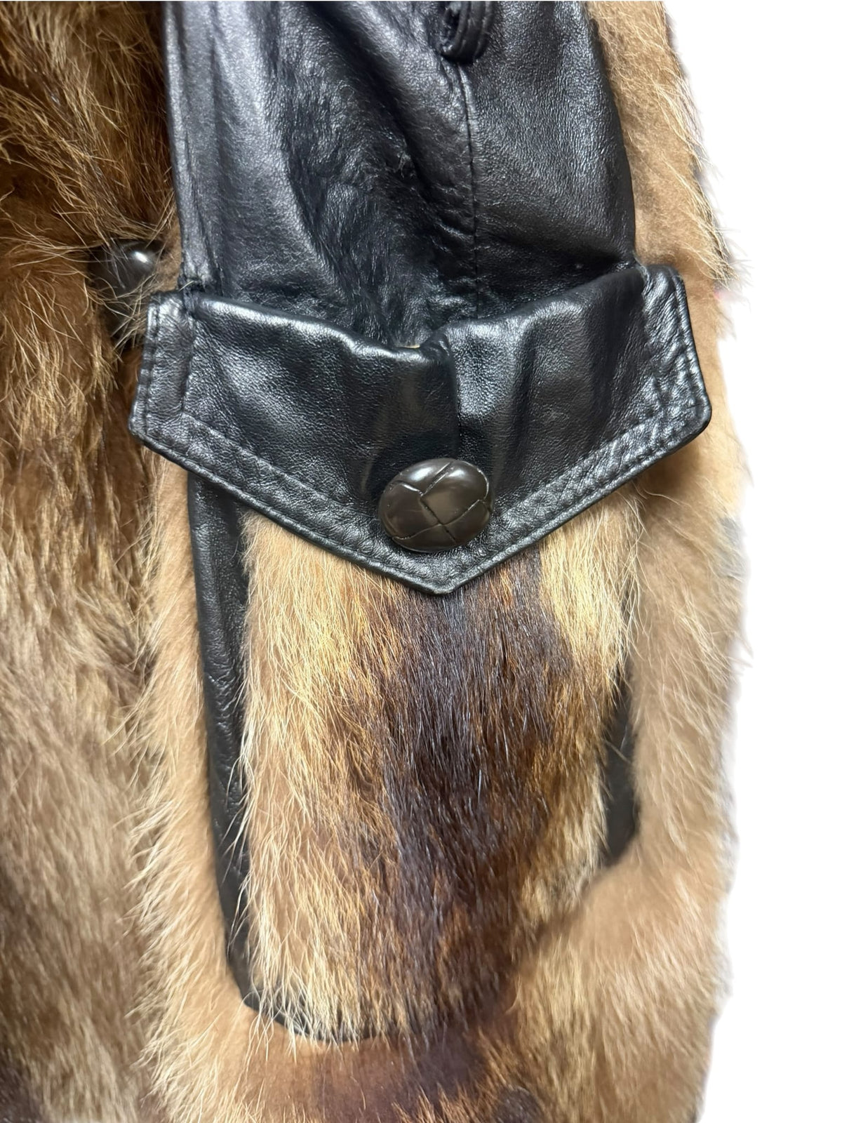 Vintage Brown Raccoon Fur Black Leather Peacoat