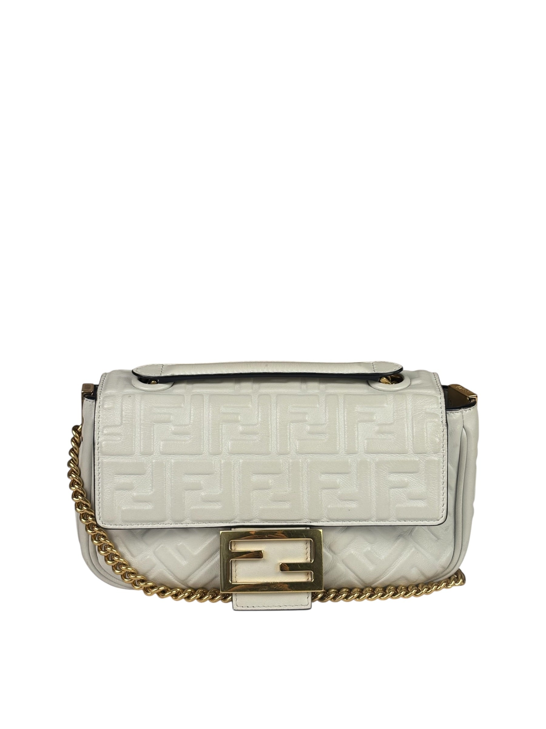 Fendi White Leather FF Flap Baguette