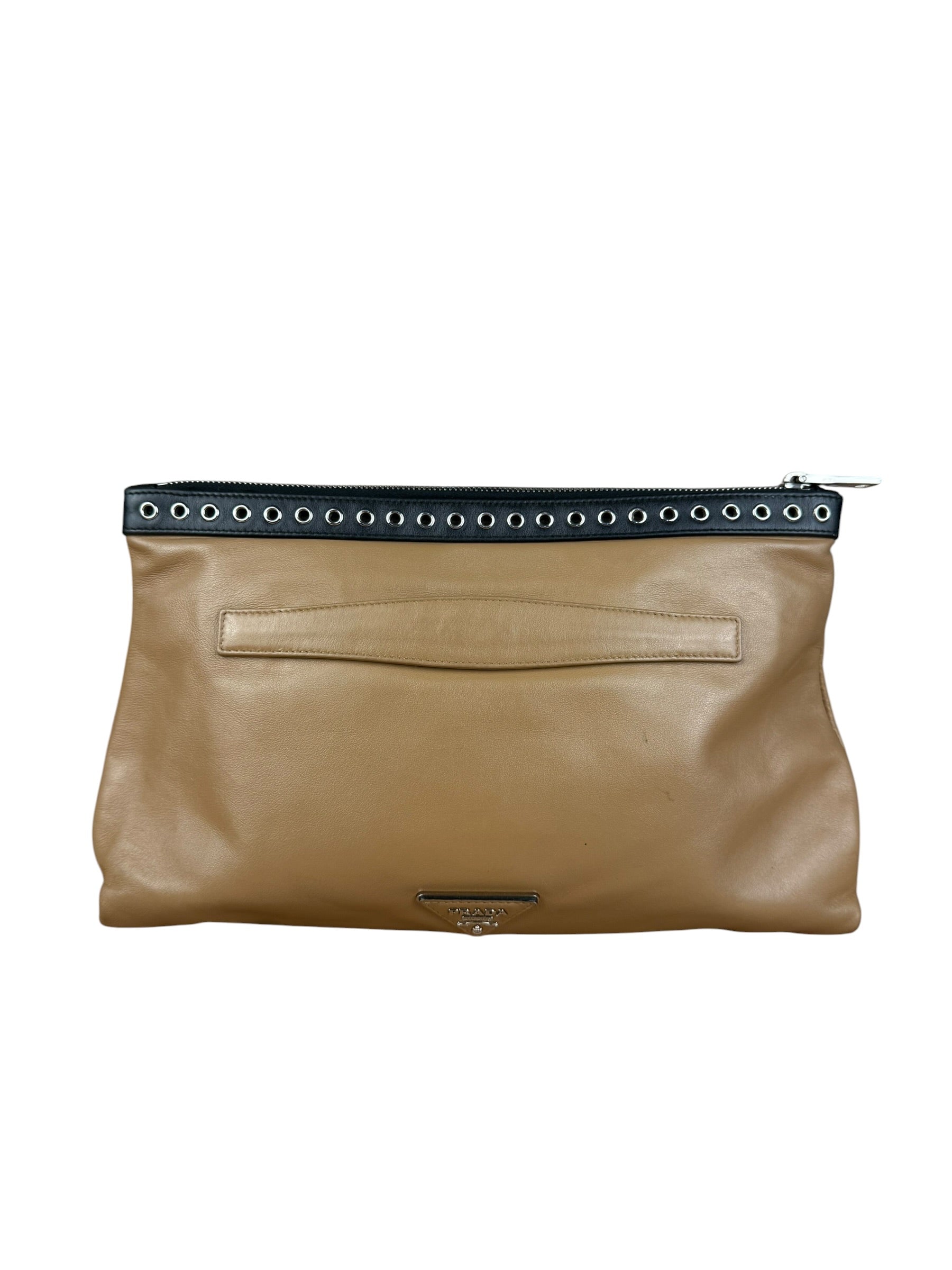 Prada Vintage Camel Leather Embroidery Clutch