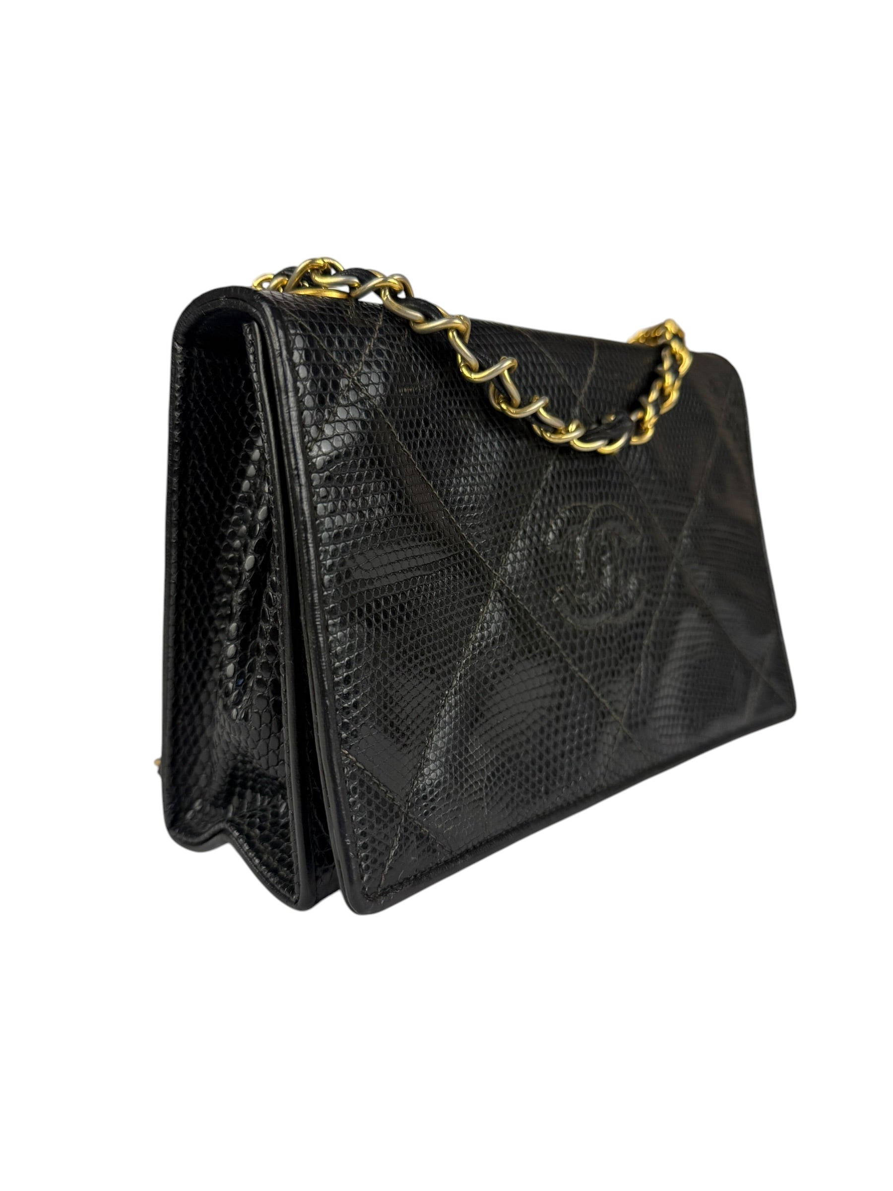 Chanel Vintage Black Lizard Leather Chain Flap Bag 1987