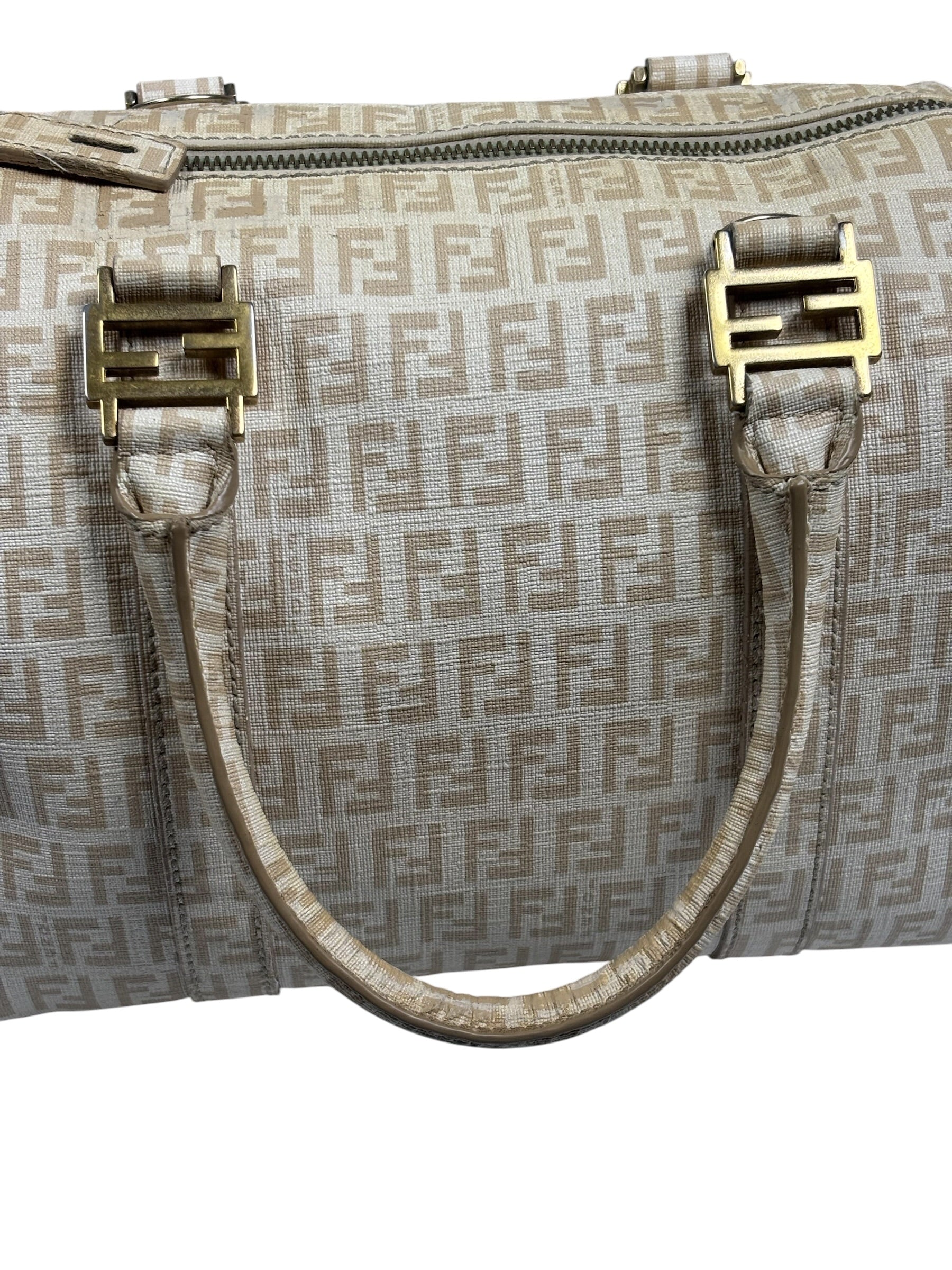 Fendi Beige Leather Trim Zucca Boston Bag