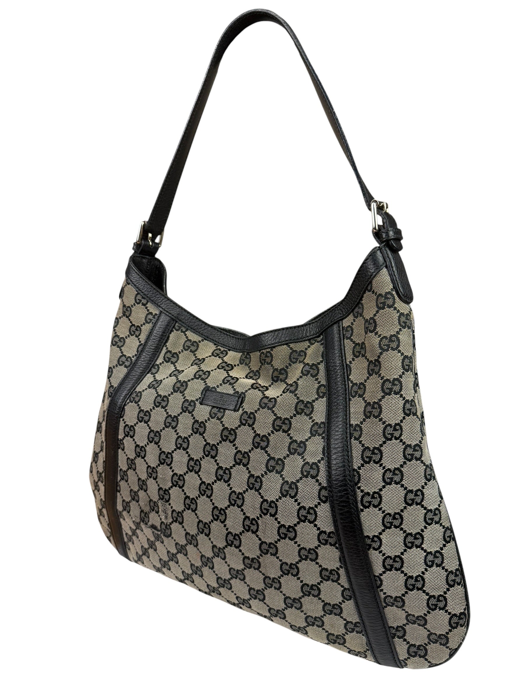 Gucci Black Leather Trim GG Supreme Hobo Bag