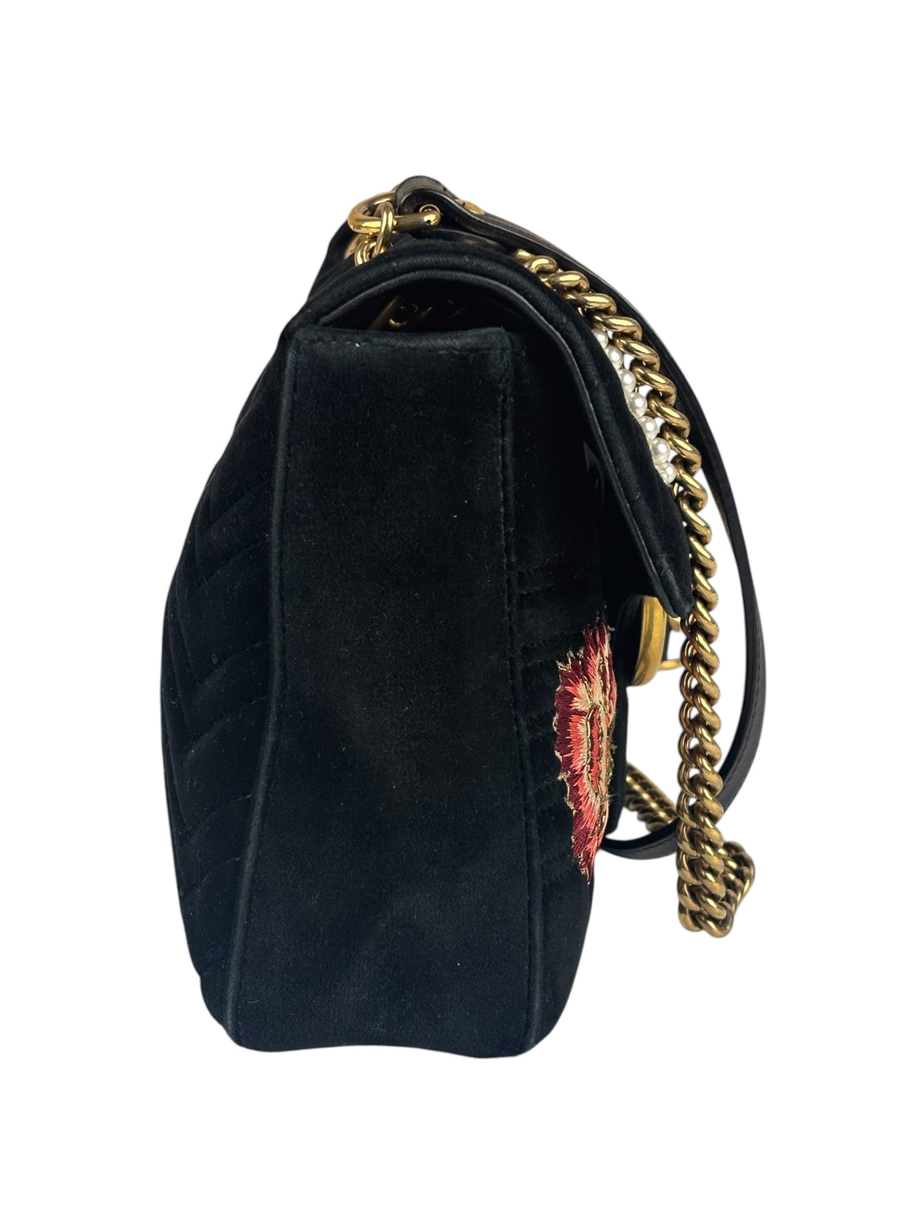 Gucci Black Velvet Marmont Floral Embroidered Shoulder Bag