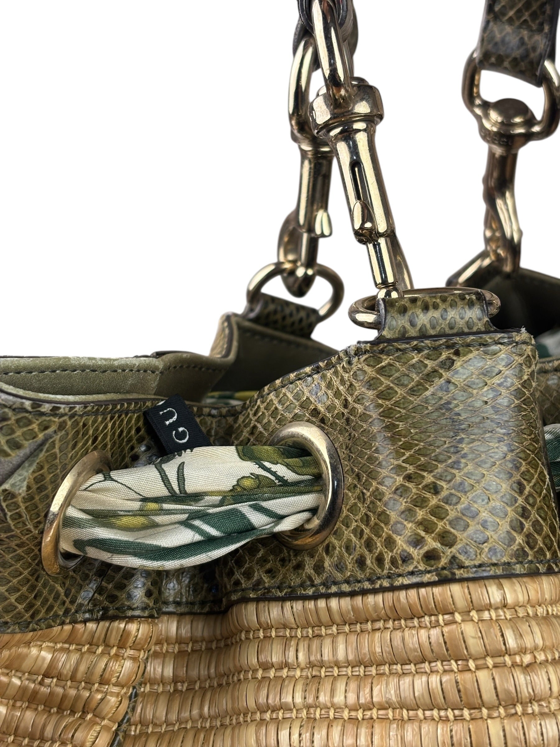 Gucci Brown Snakeskin Trim Large Raffia Positano Tote