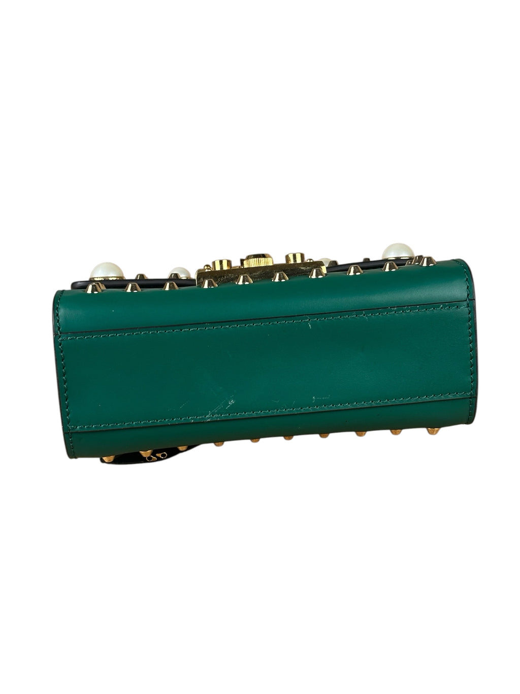 Gucci Green Leather Faux Pearls & Studs Small Padlock Bag