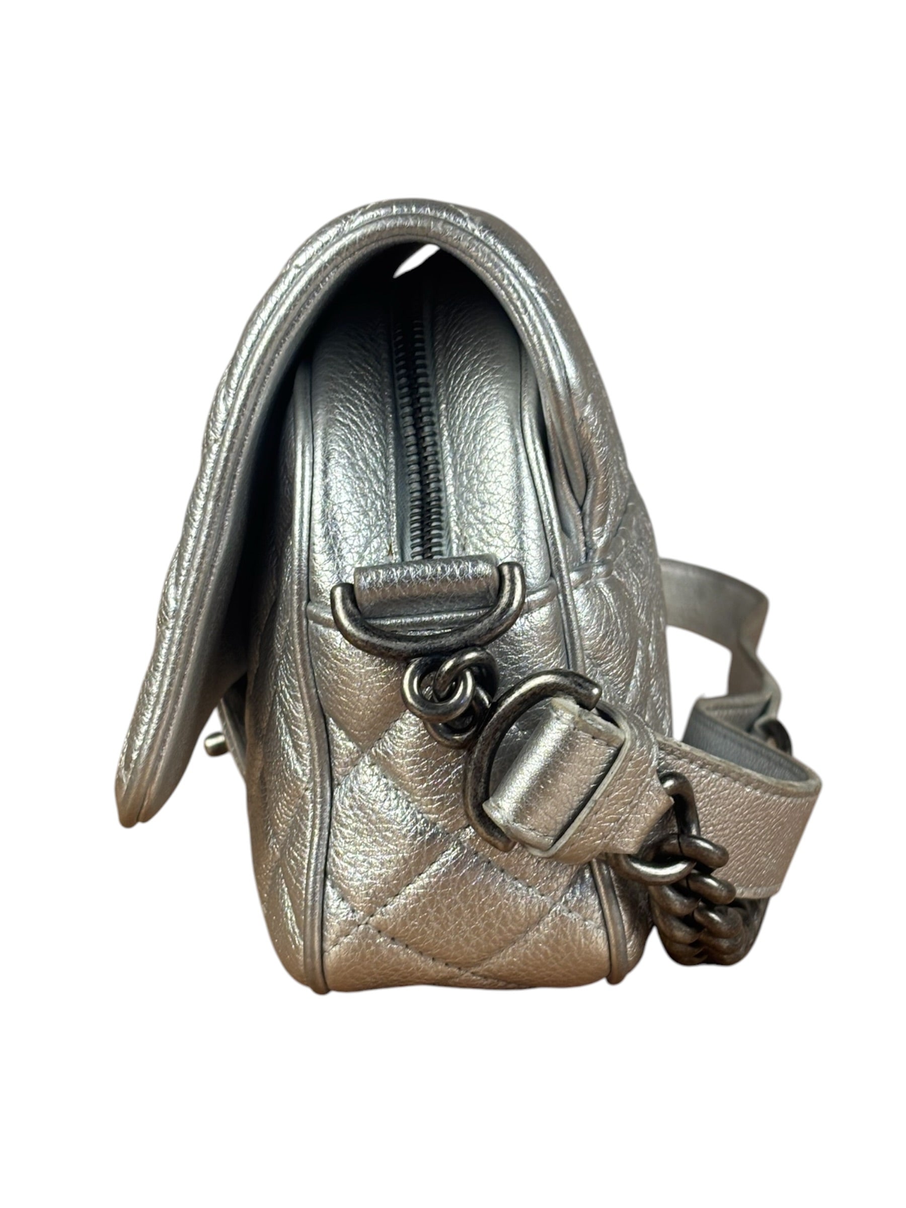 Chanel CC Silver Metallic Quilted Flap Shoulder Bag 2017