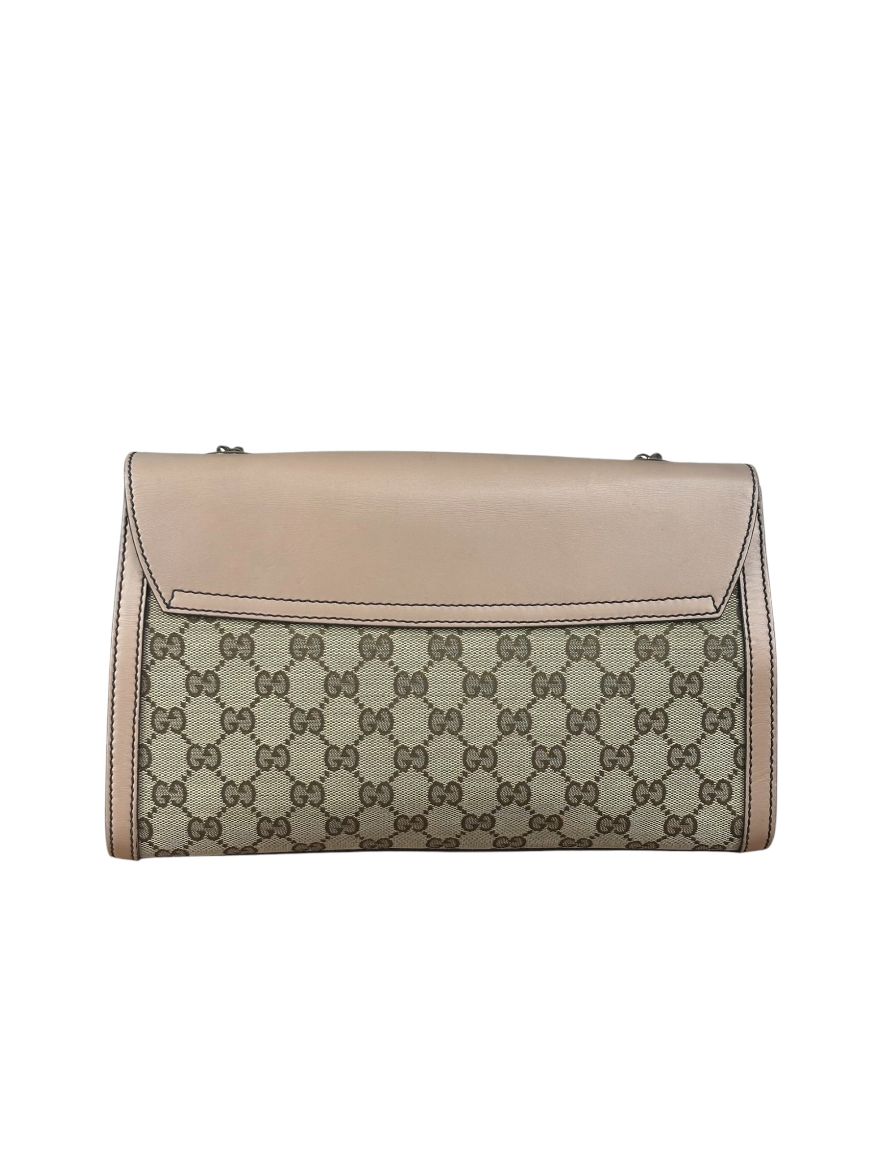 Gucci Peach Leather Trim GG Canvas Emily Chain Flap Shoulder Bag