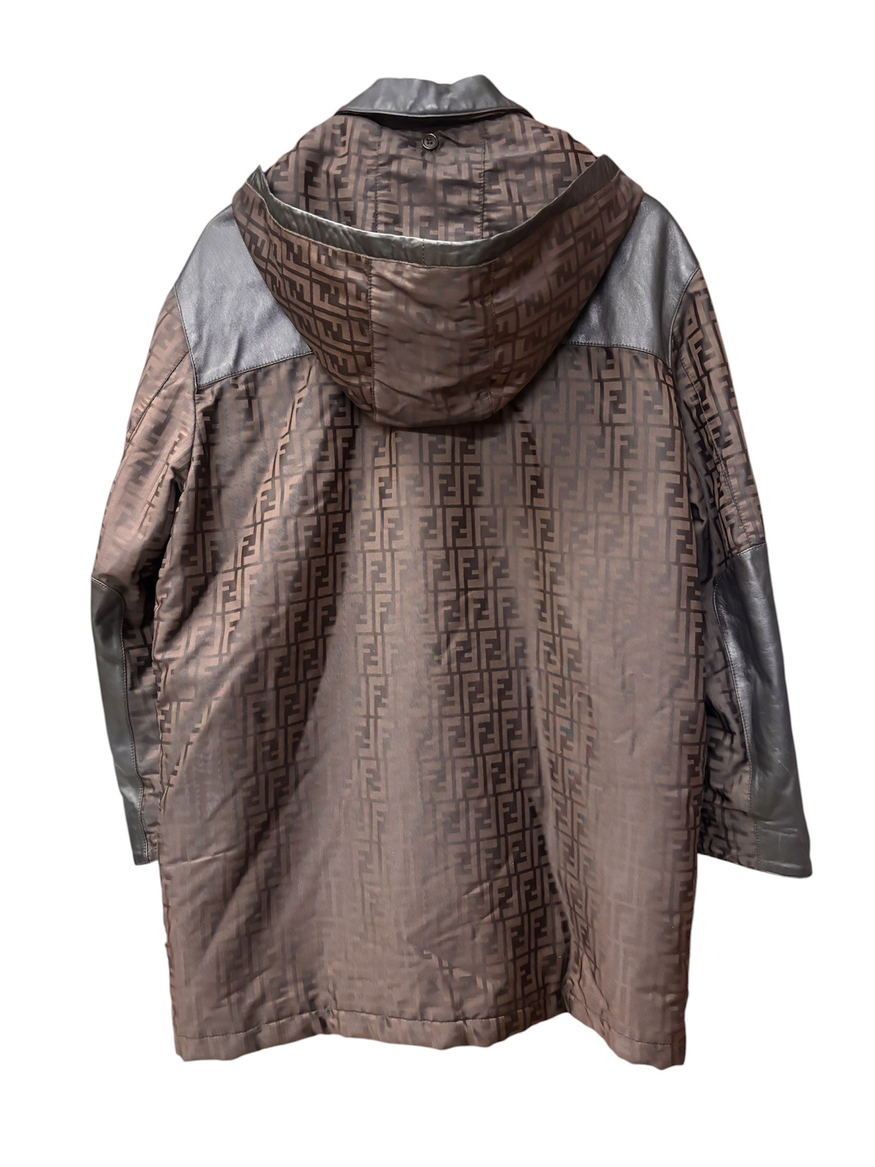 Fendi Brown Leather Trim Zucca Hooded Jacket