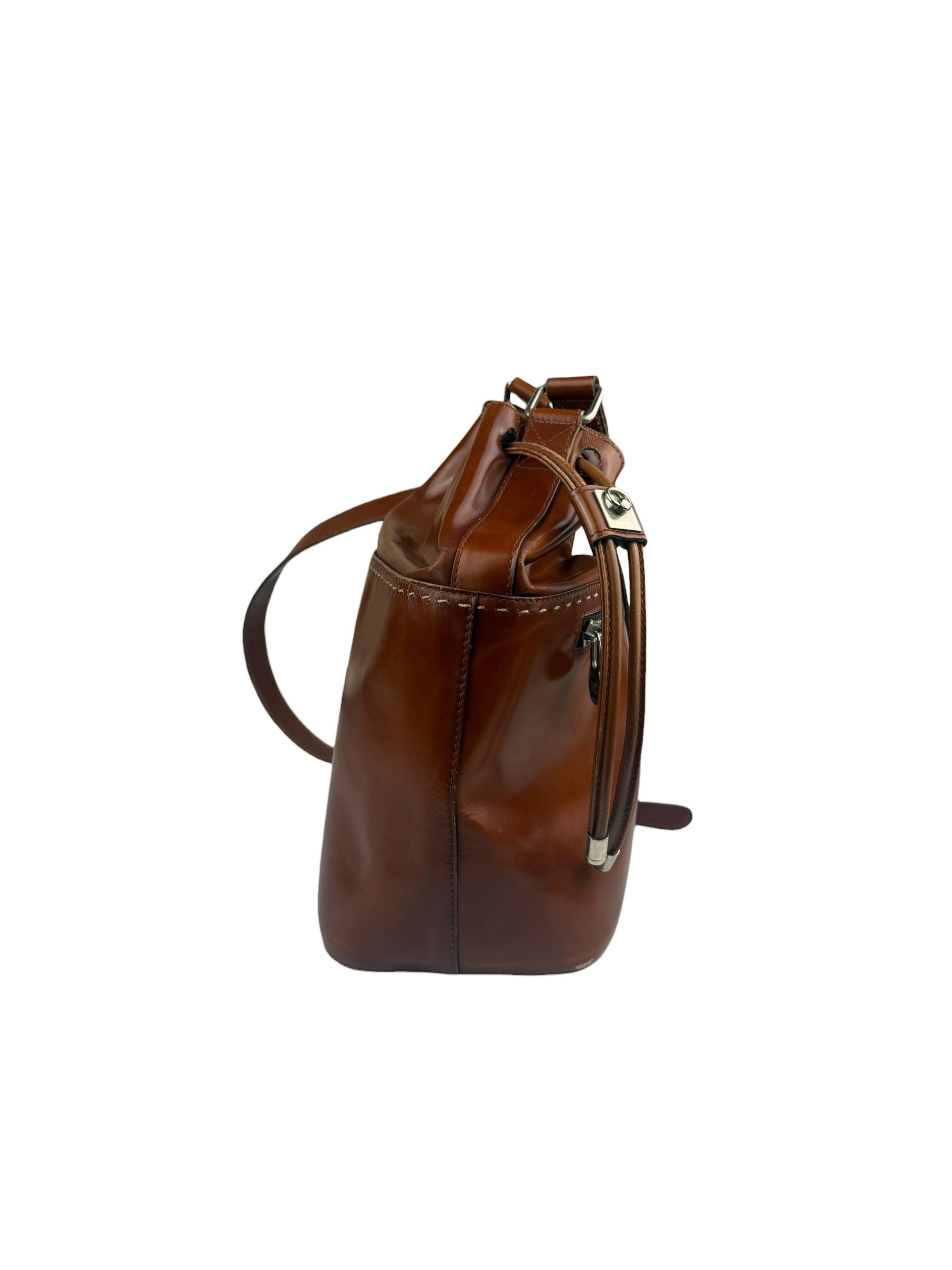 Celine Vintage Brown Leather Cinch Bucket Crossbody Bag