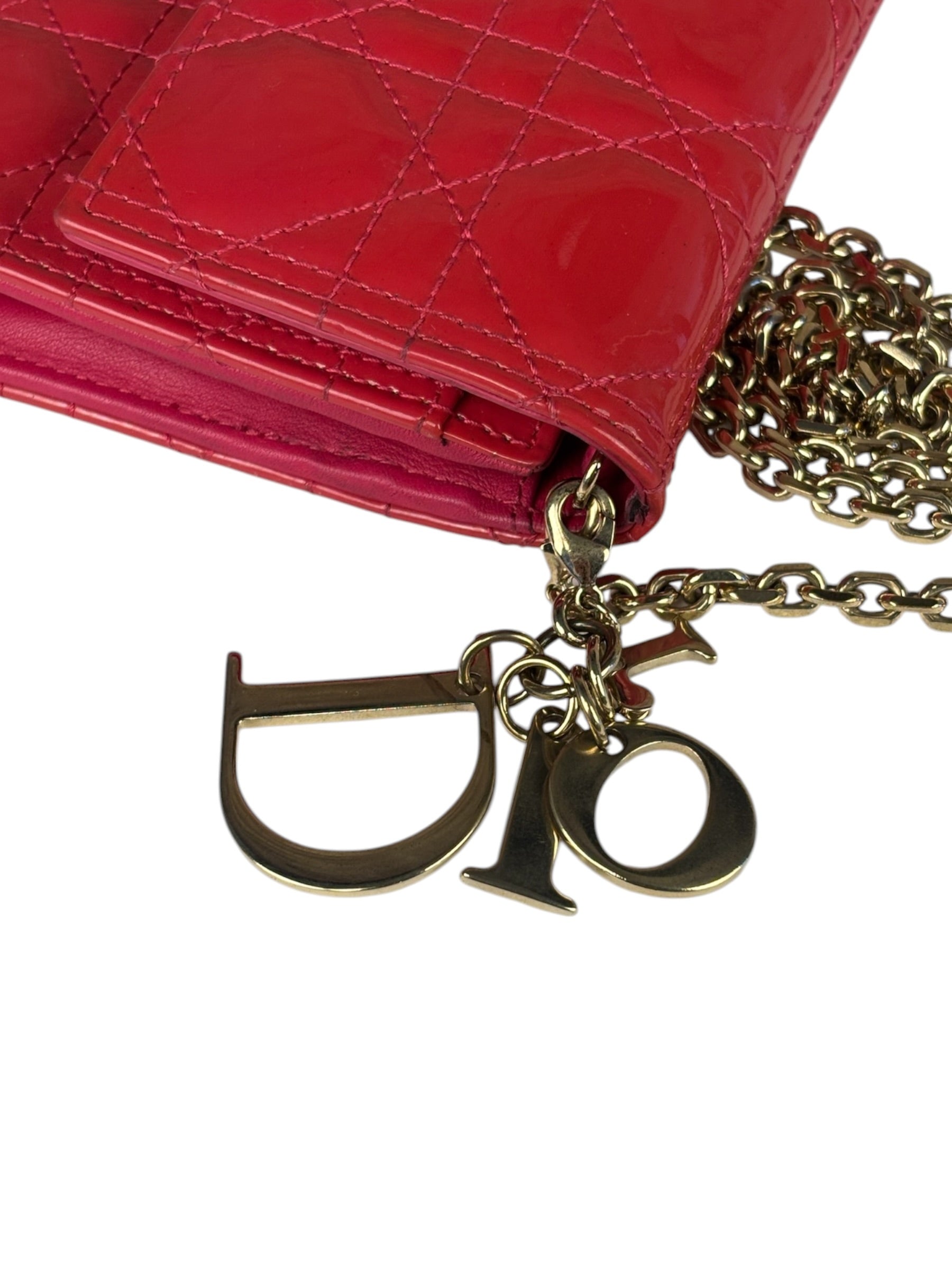 Christian Dior Cannage Red Patent Leather Wallet On Chain