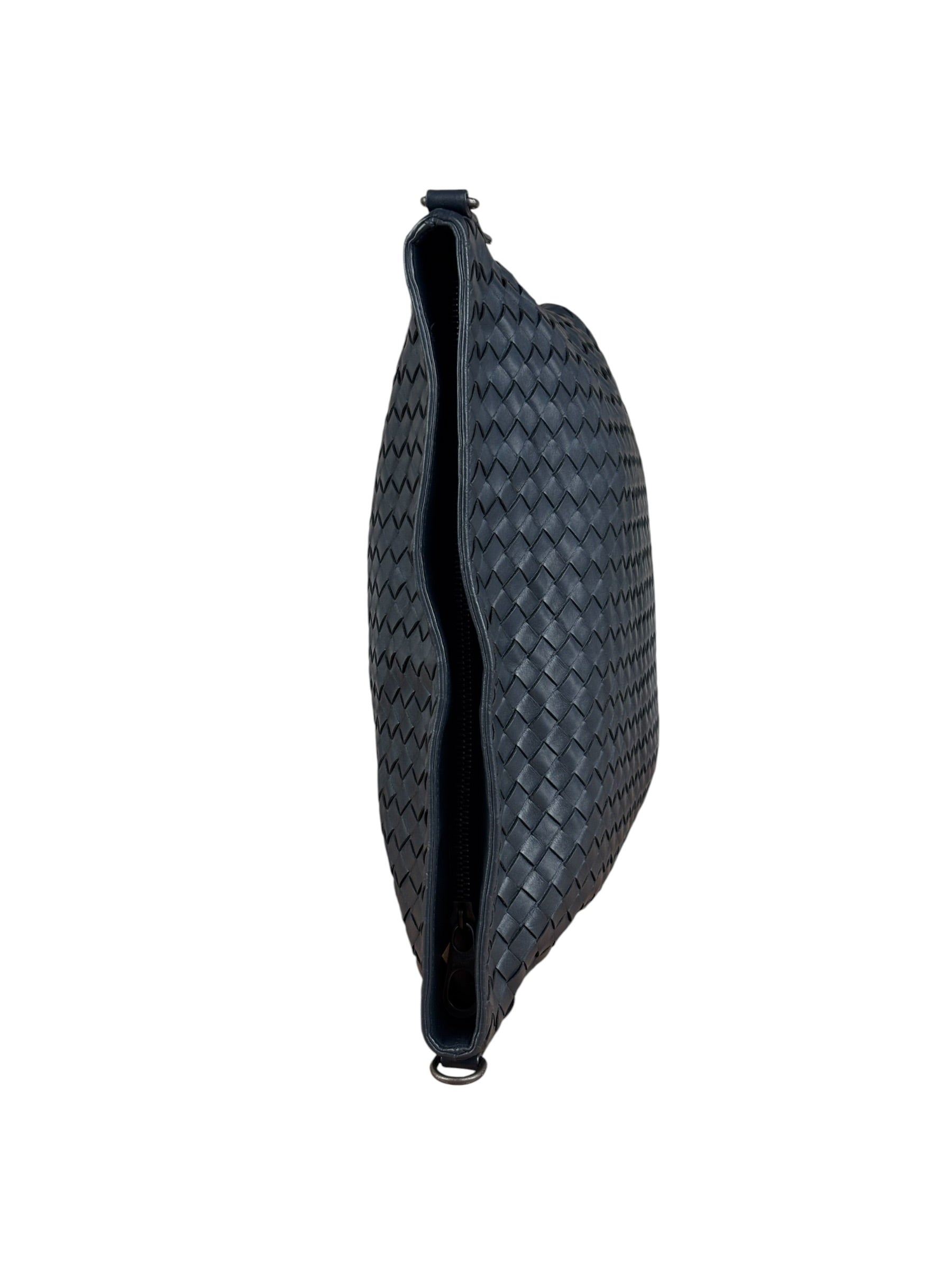 Bottega Veneta Navy Blue Leather Intrecciato Woven Flat Crossbody Bag