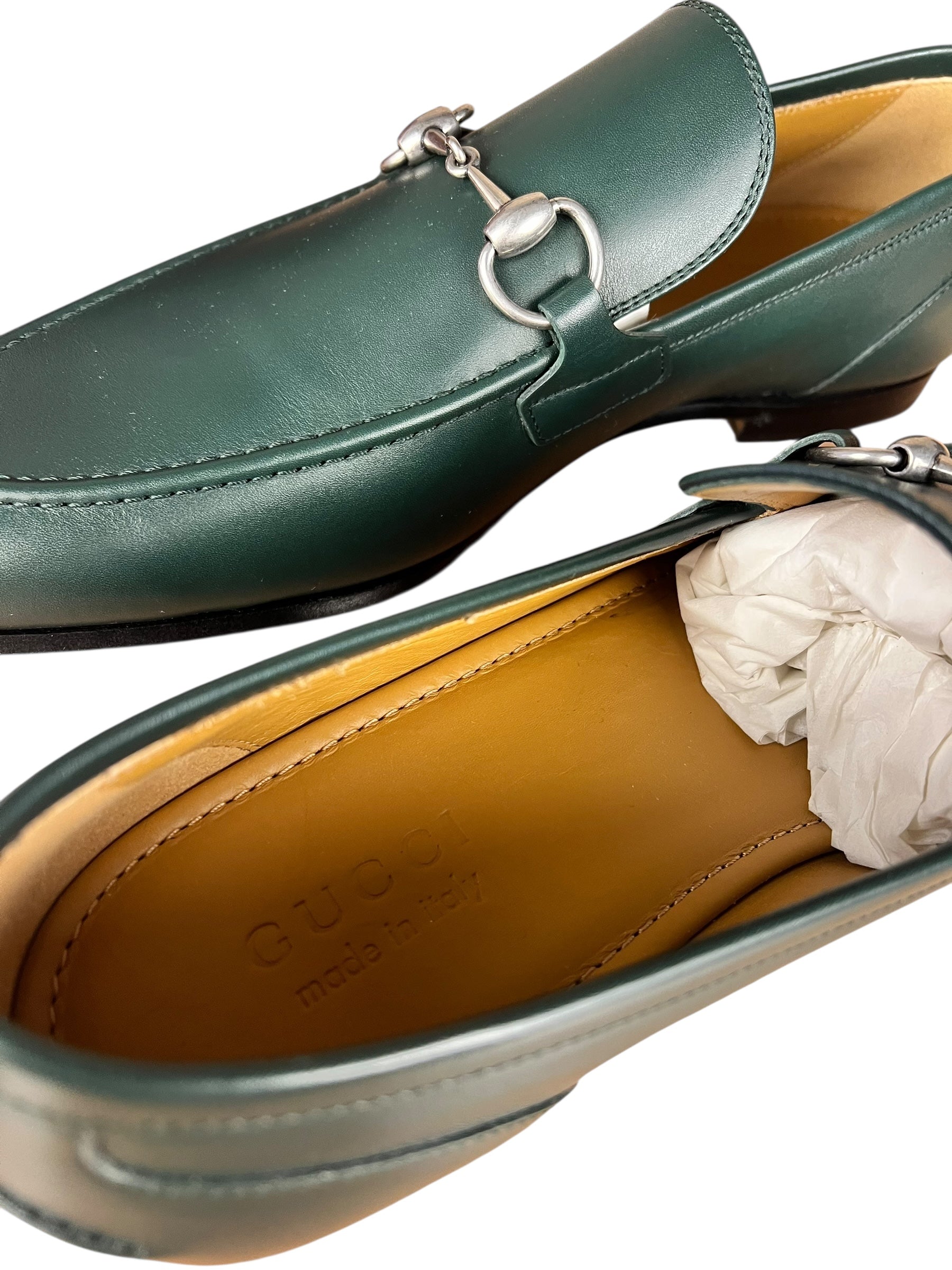 Gucci Green Leather Jordaan Horsebit Loafers
