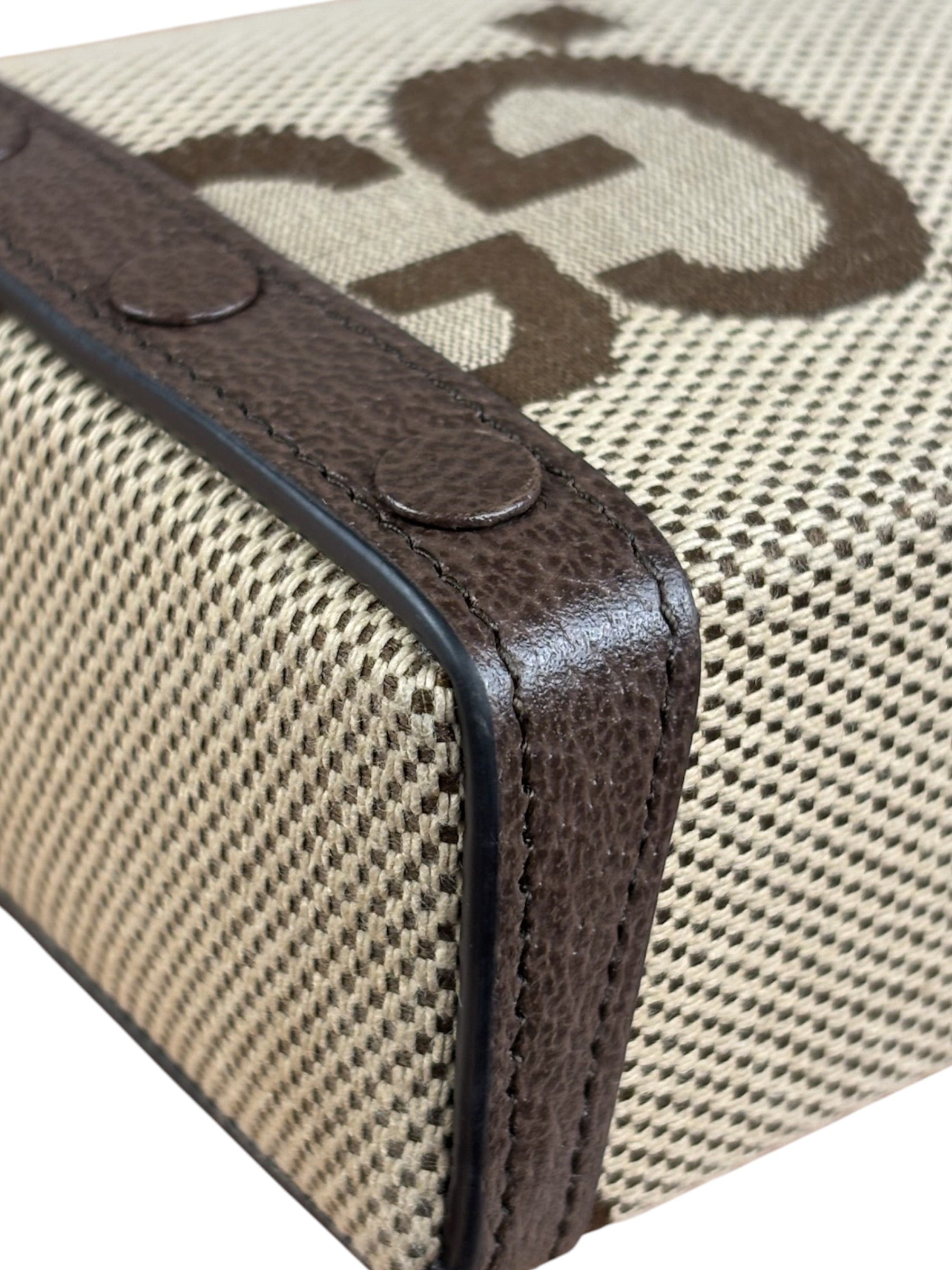 Gucci Brown Leather Trim Monogram Jumbo GG Mini Shoulder Bag