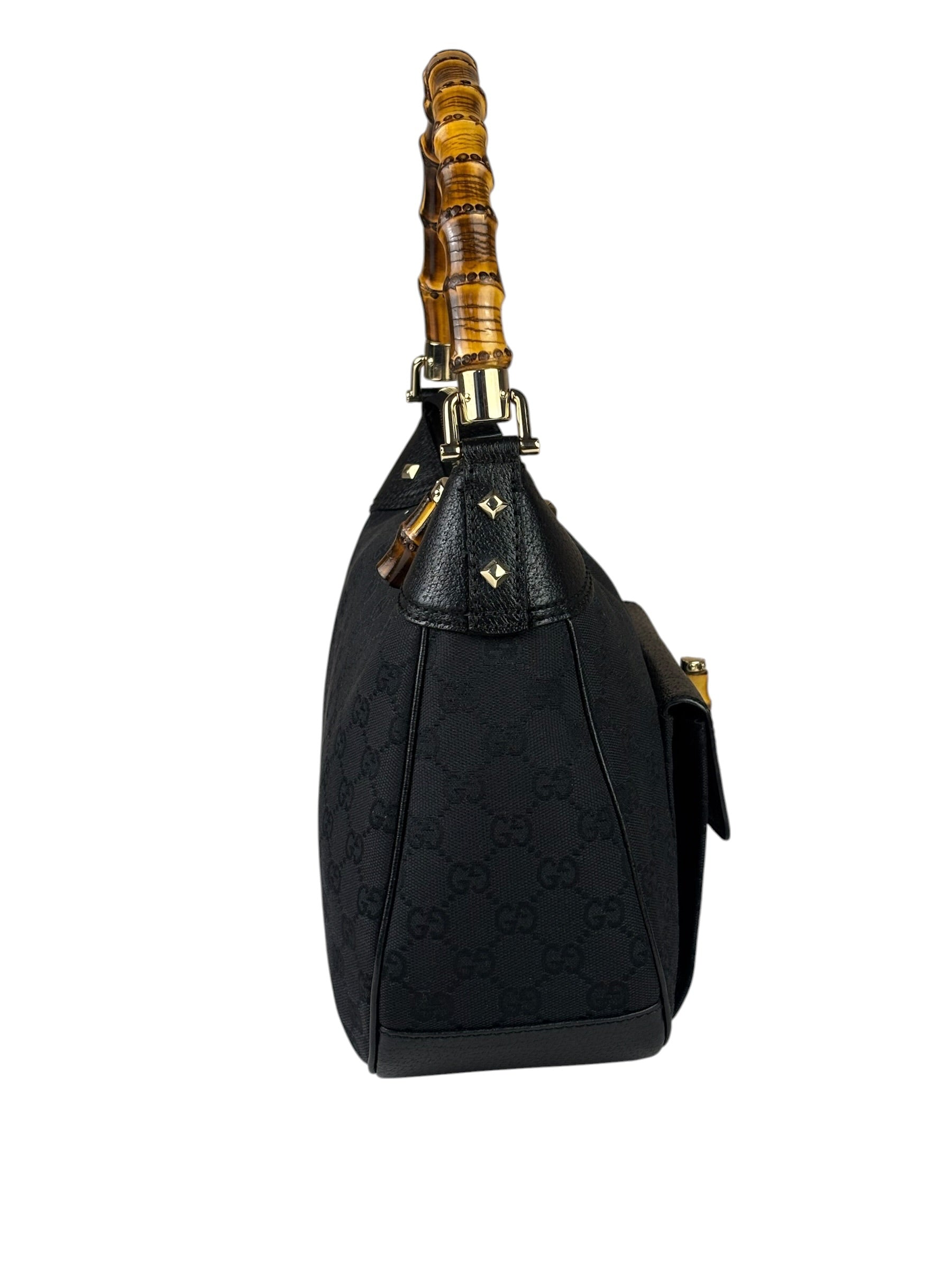 Gucci Black Leather Trim Bamboo Handle Hobo Bag