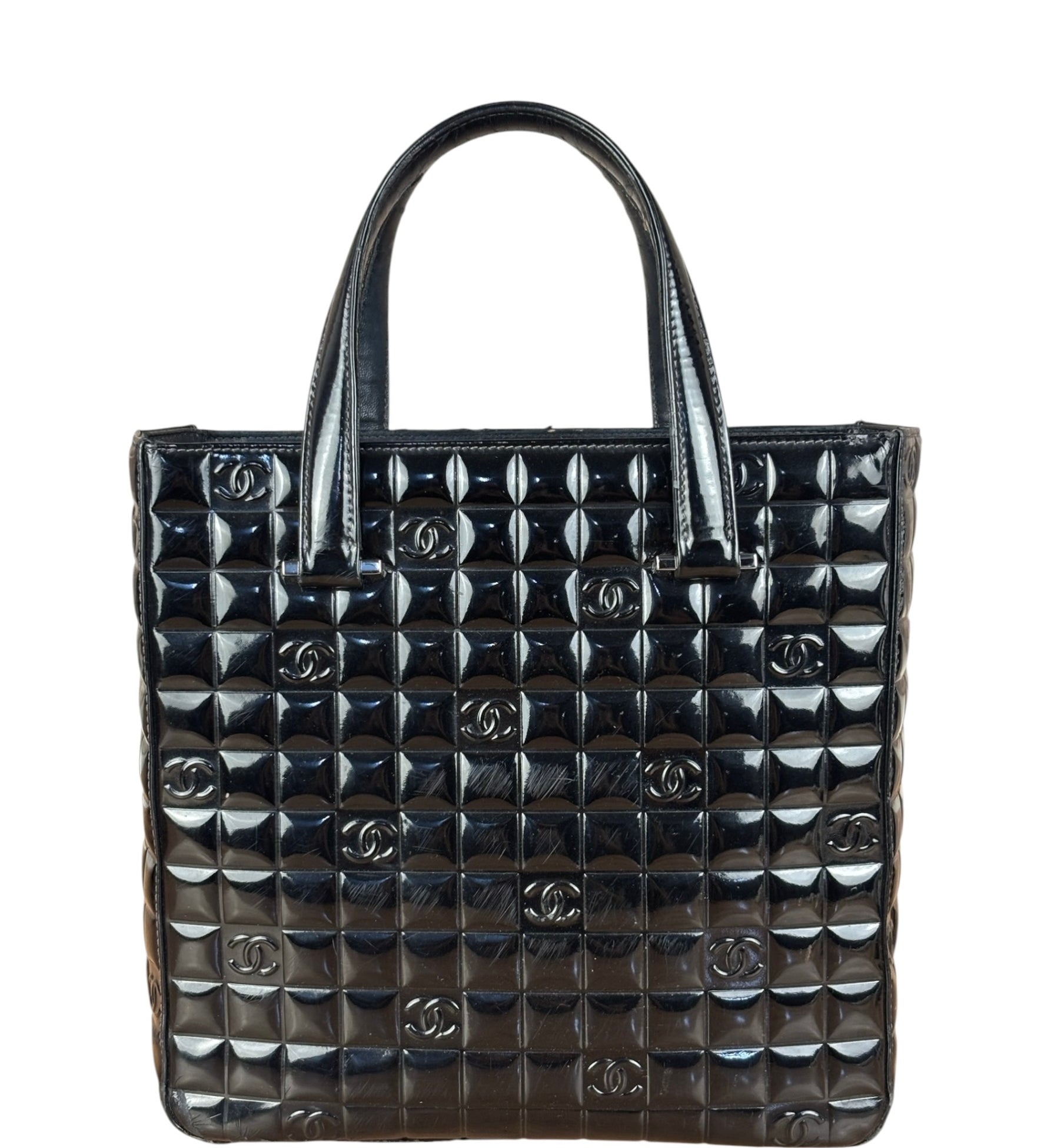 Chanel Vintage Black Patent Leather Chocolate Bar Pyramidal Tote Bag 2002