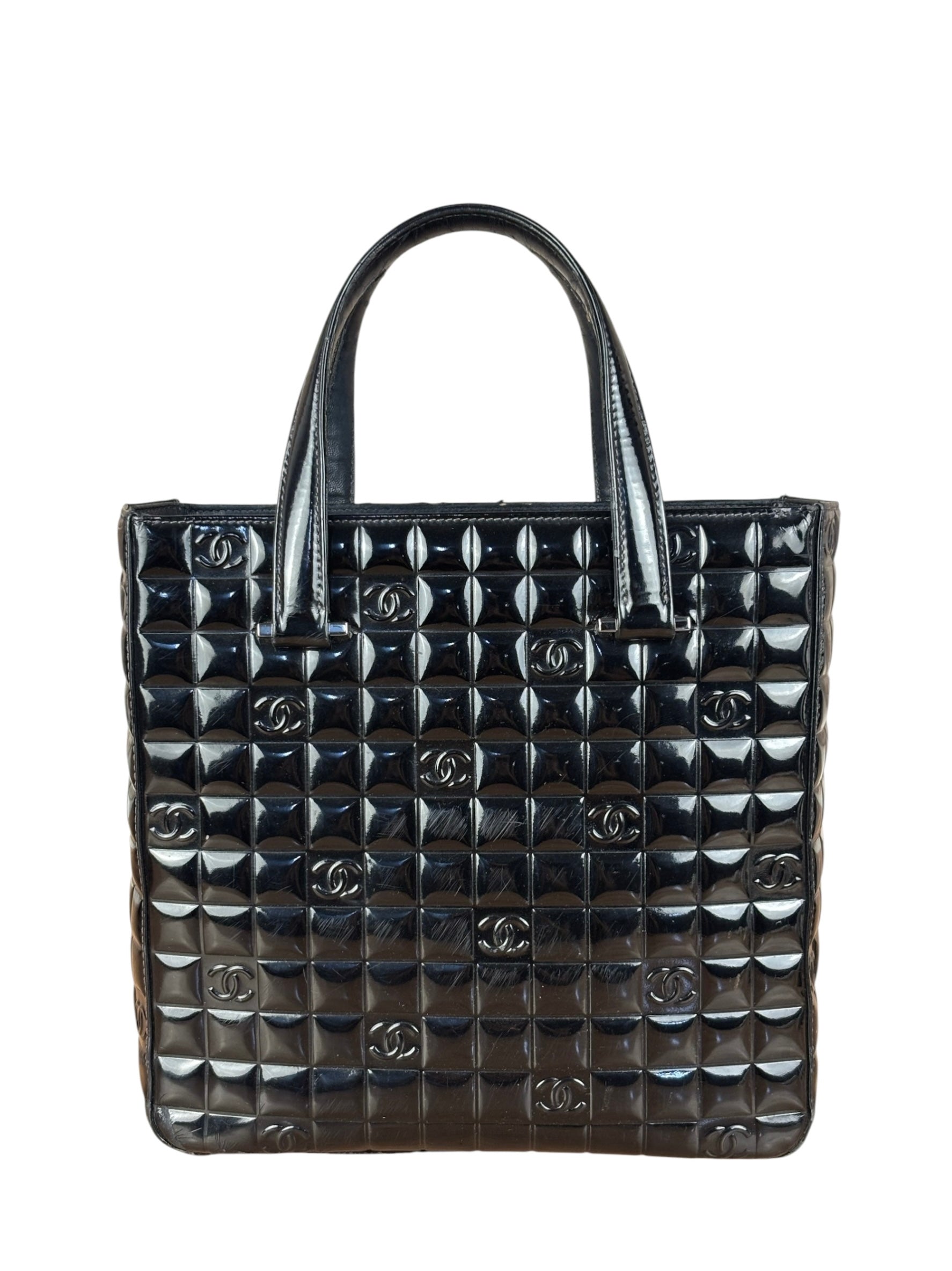 Chanel Vintage Black Patent Leather Chocolate Bar Pyramidal Tote Bag 2002