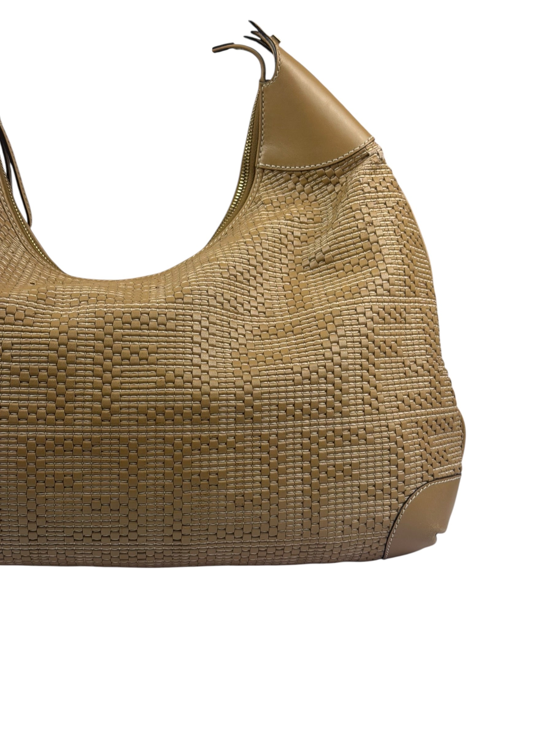 Fendi Beige Leather Trim Woven Hobo Bag