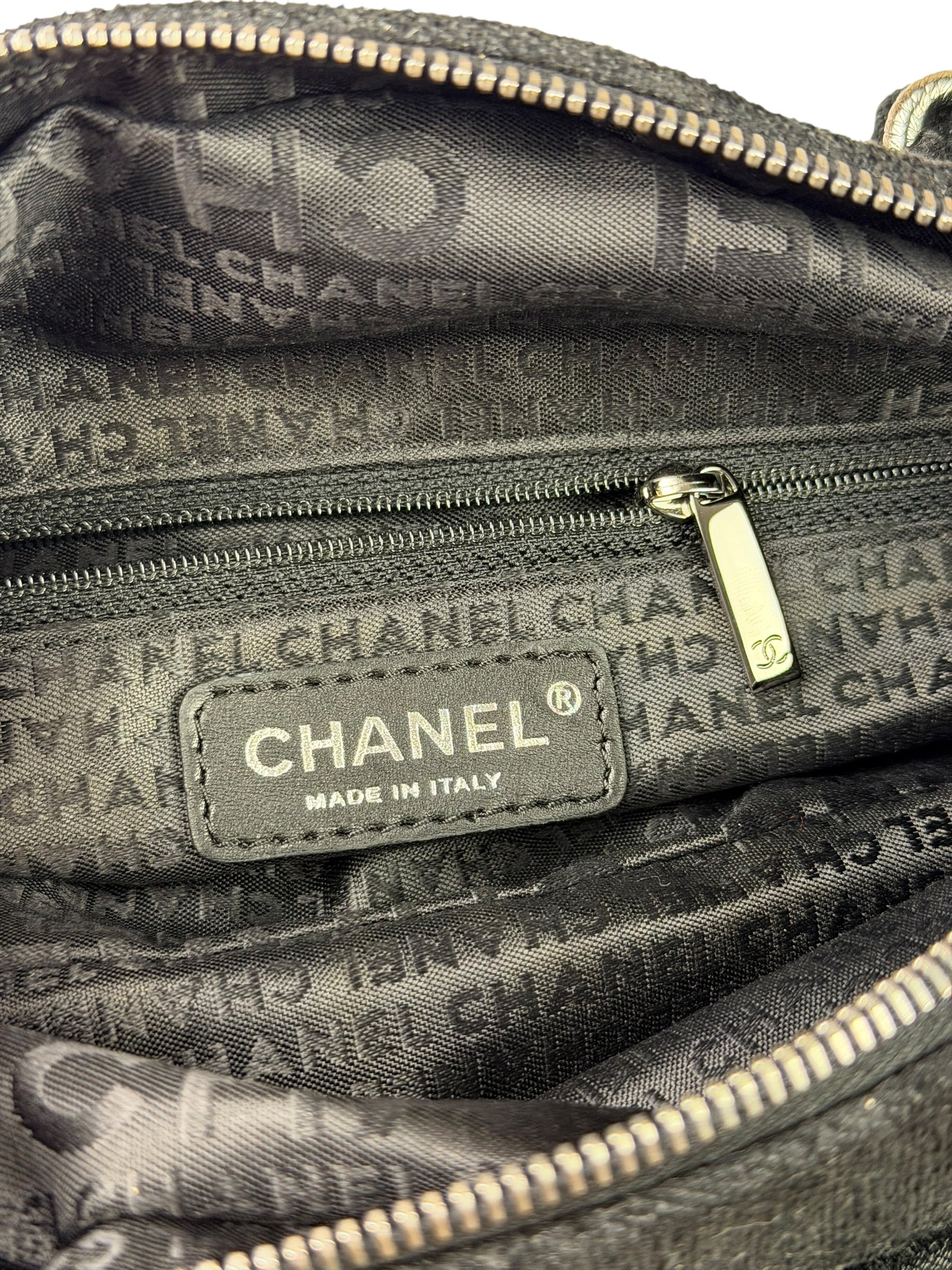 Chanel Black CC Jacquard Chain Silver Metallic Bowler Handbag 2005