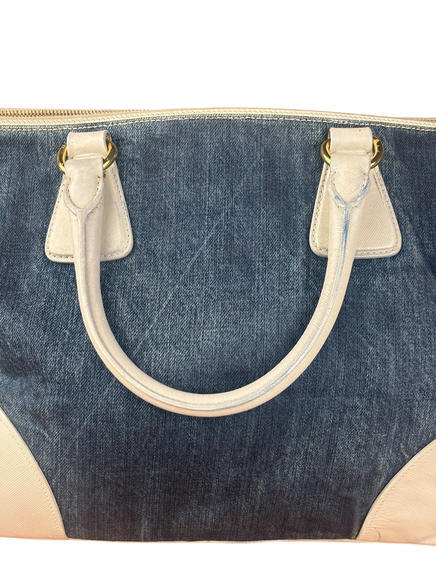 Prada Denim White Leather Trim Saffiano Handbag